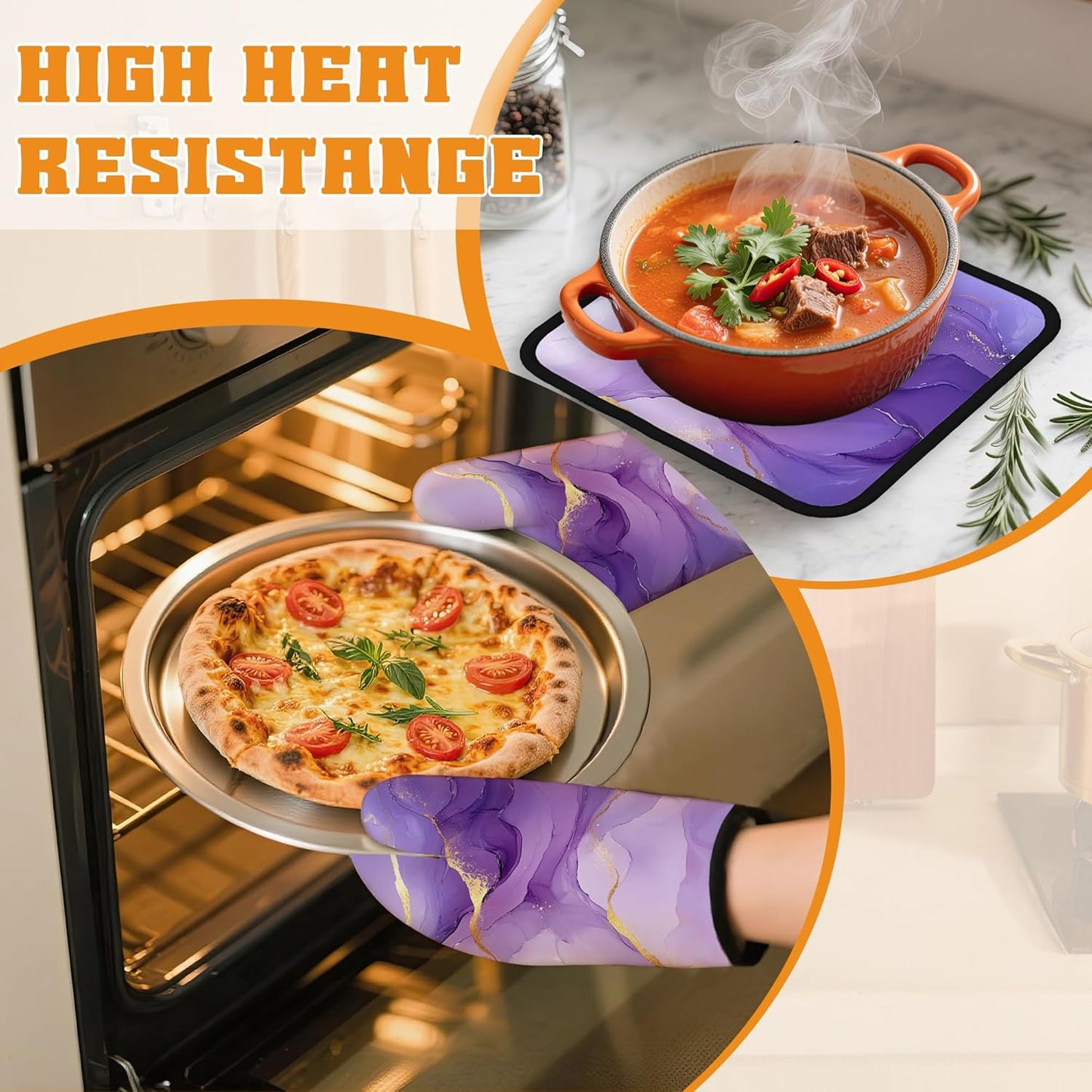 Marble Oven Mitts and Pot Holders Set,Purple Gold Marble Kitchen Decor Heat Resistant Non Slip Hot Pads and Oven Mitt for Chef Cooking Baking BBQ Mom Girl Gifts(4 Piece Set)