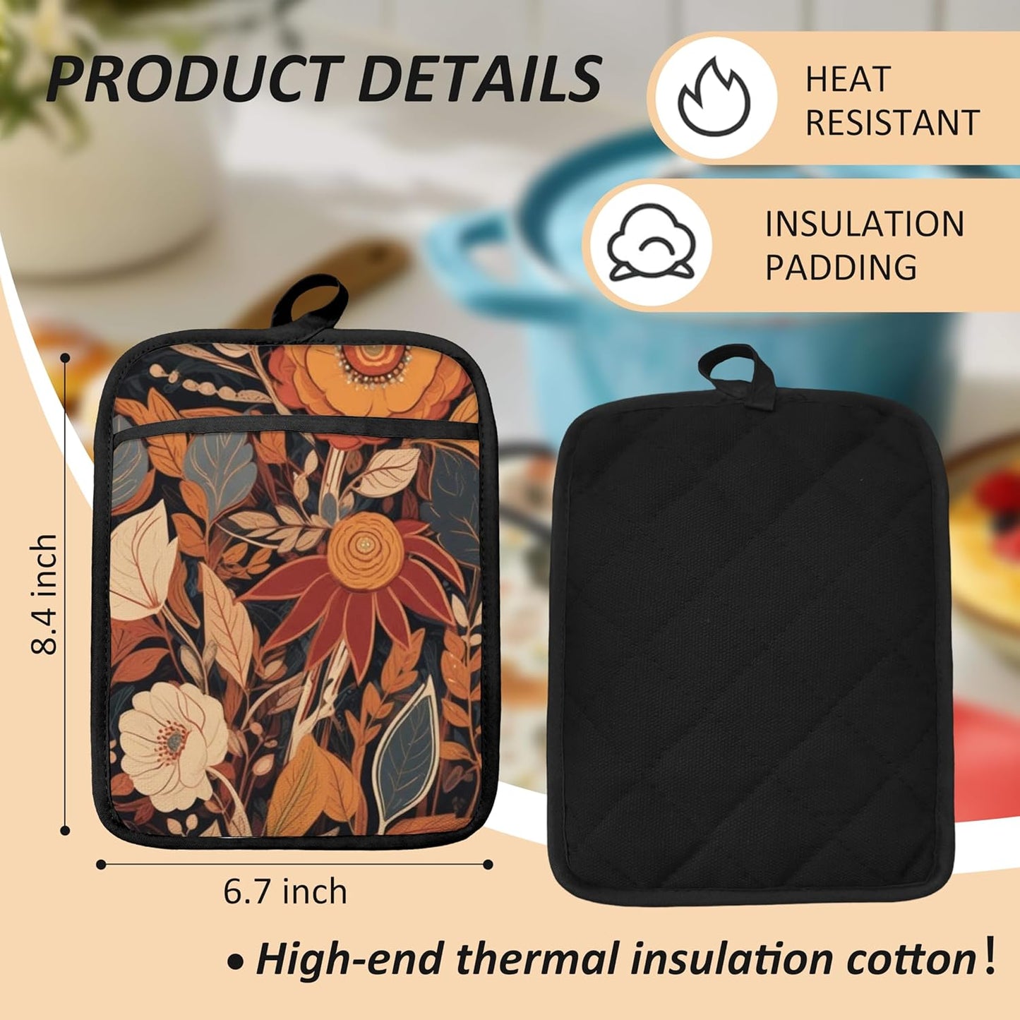 Boho Vintage Floral Pot Holders for Kitchen, Mid Century Modern Boho Flower Botanical Heat Resistant Hot Pads and Oven Mitts for Baking Cooking