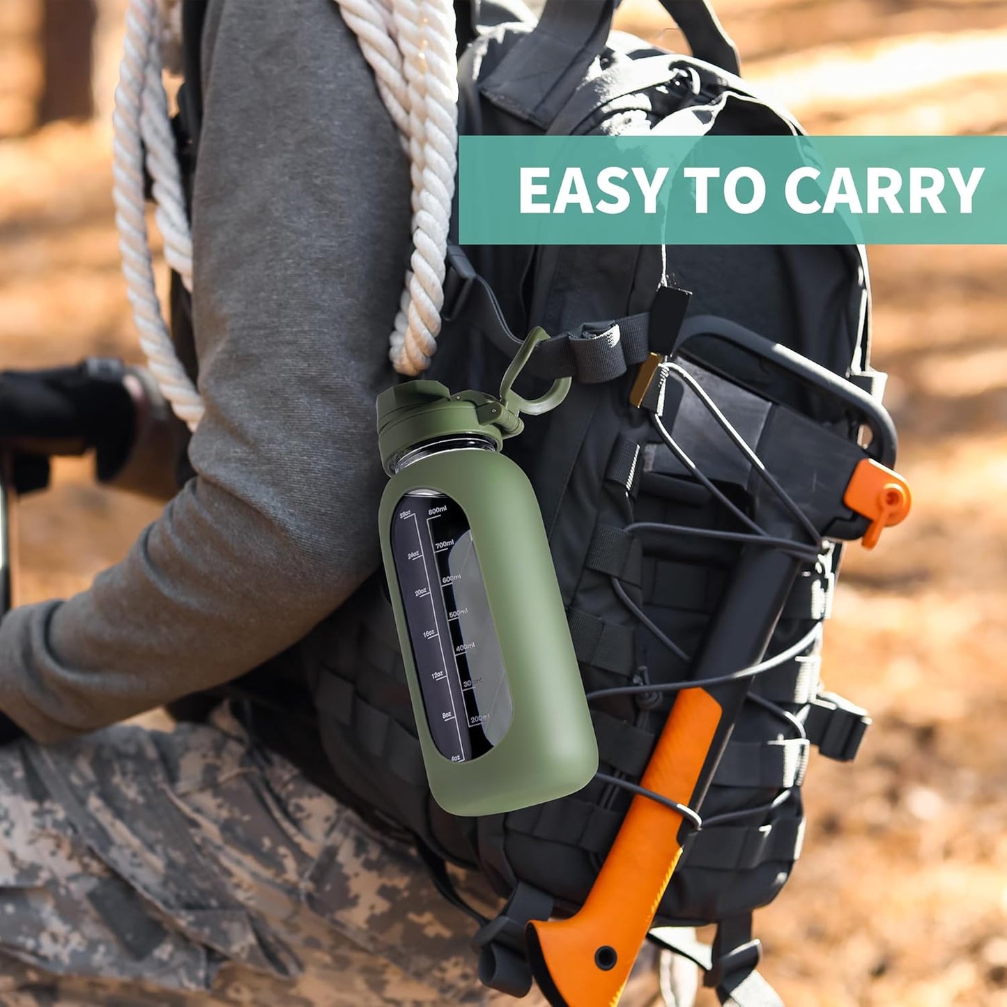 CIVAGO 40 oz Glass Water Bottle with Straw and Handle, Large Sports Motivational Water Bottle Flask with Time Marker and 2 Lids, Leakproof Water Jug Canteen with Silicone Sleeve for Gym,Camelia