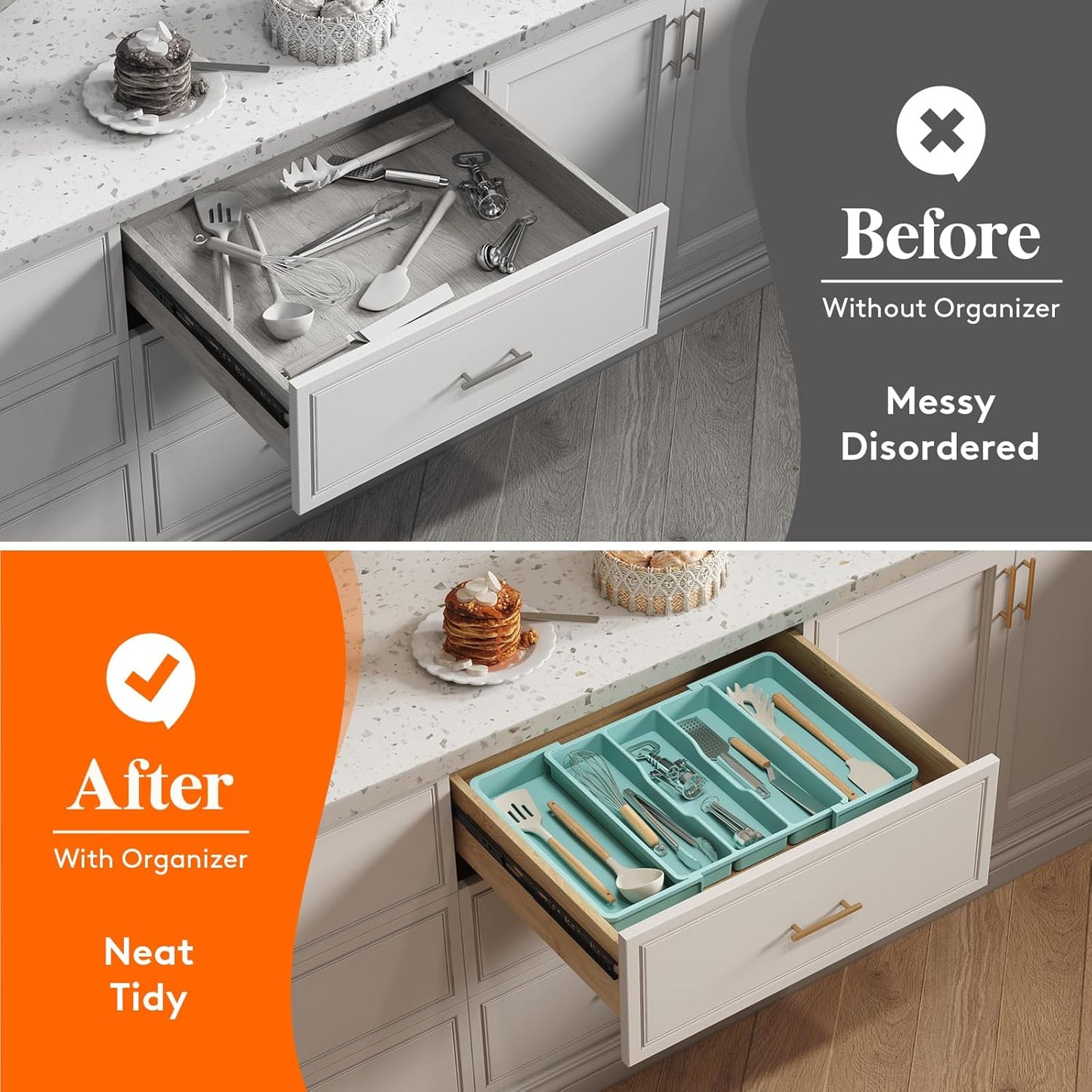 Lifewit Utensil Organizer for Kitchen Drawers, Expandable Cooking Utensil Tray, Adjustable Cutlery Silverware Flatware Holder, Plastic Spatula Tools and Gadgets Storage Divider, Large, Turquoise