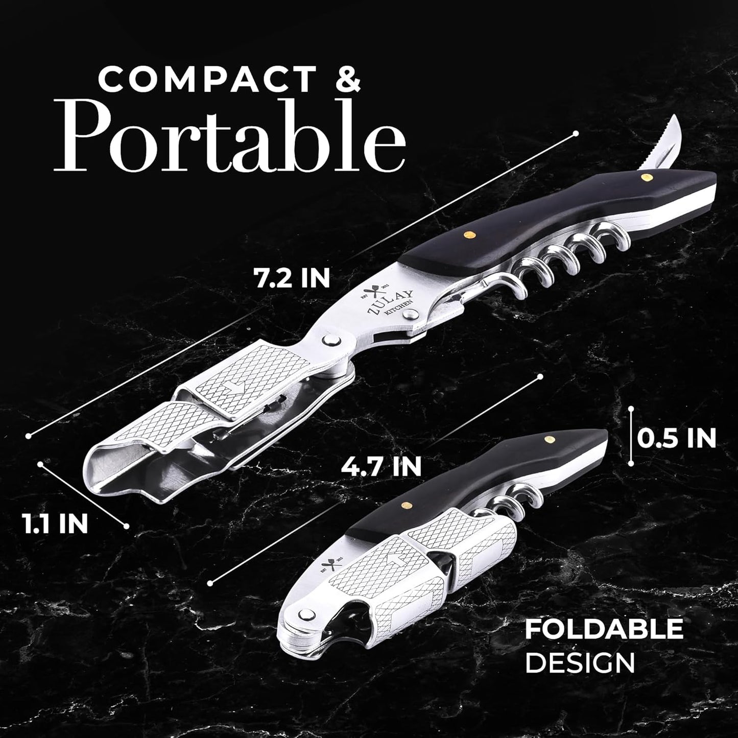 Zulay Kitchen Corkscrew Wine Opener - Premium 420 Stainless Steel & Ebony Wood Wine Bottle Opener - Double Hinged Opener with Foil Cutter & Cap Remover - Ebony Wood