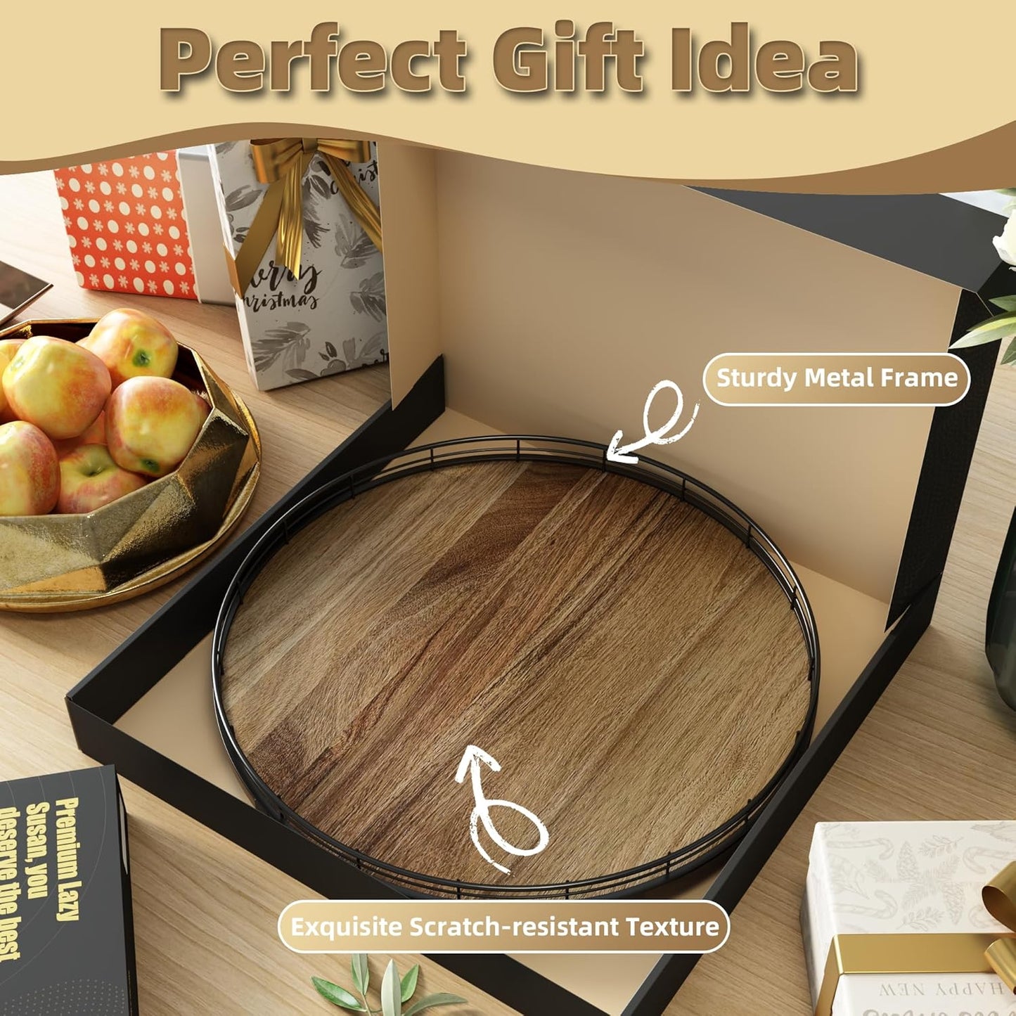 Acacia Wood 16" Lazy Susan Turntable Organizer for Table Top, Farmhouse Large Round Lazy Susan for Cabinet Kitchen Centerpieces Dining Table, for Condiments Charcuterie, Bathroom Vanity Tray Decor