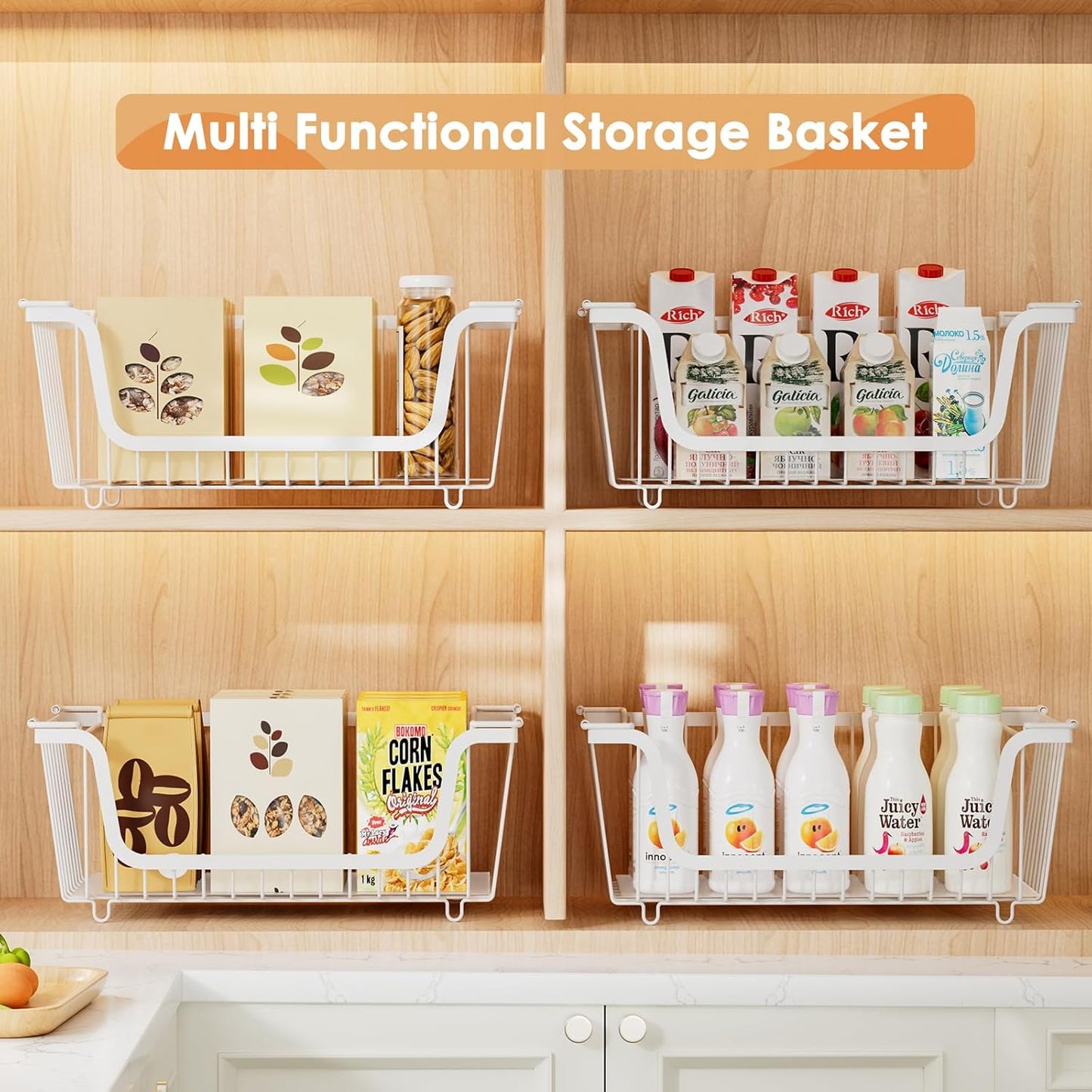 4 Pack Stackable Wire Baskets with Handles for Pantry Organizers and Storage, Fruit and Vegetable wire storage baskets, Potato and Onion Storage Bin, Metal Baskets for Organizing Snacks, Cans (White)