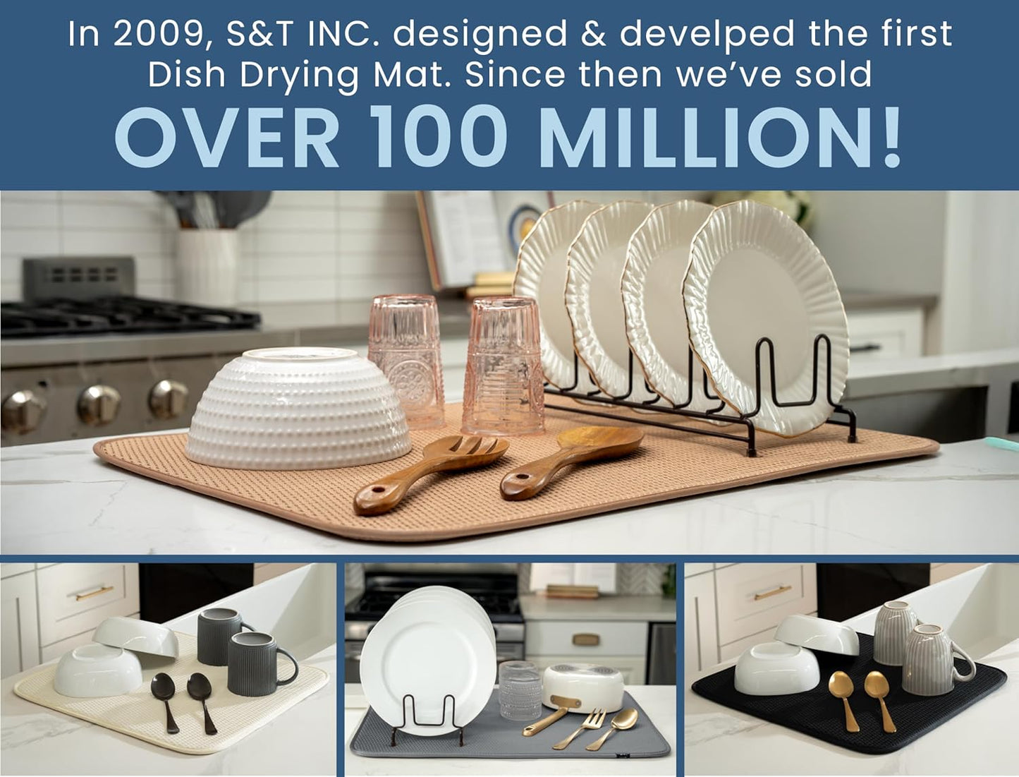 S&T INC. Dish Drying Mat, 16” x 18”, Absorbent Microfiber Kitchen Counter Mat, Drying Pad for Dishes, Utensils, Pots and Pans, Large, Diamond Texture, Emerald Green