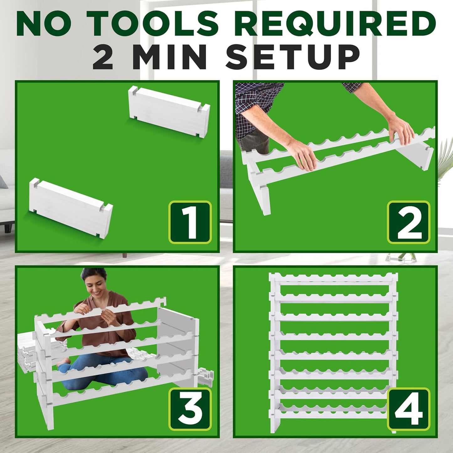 NutriChef Bamboo Stackable Wine Rack, 8-Tier 72 Bottle Capacity Wine Racks Free Standing Floor, No Tools Assembly, Modular Storage Display Shelf for Kitchen and Cellar 33.5" x 10" x 42", White