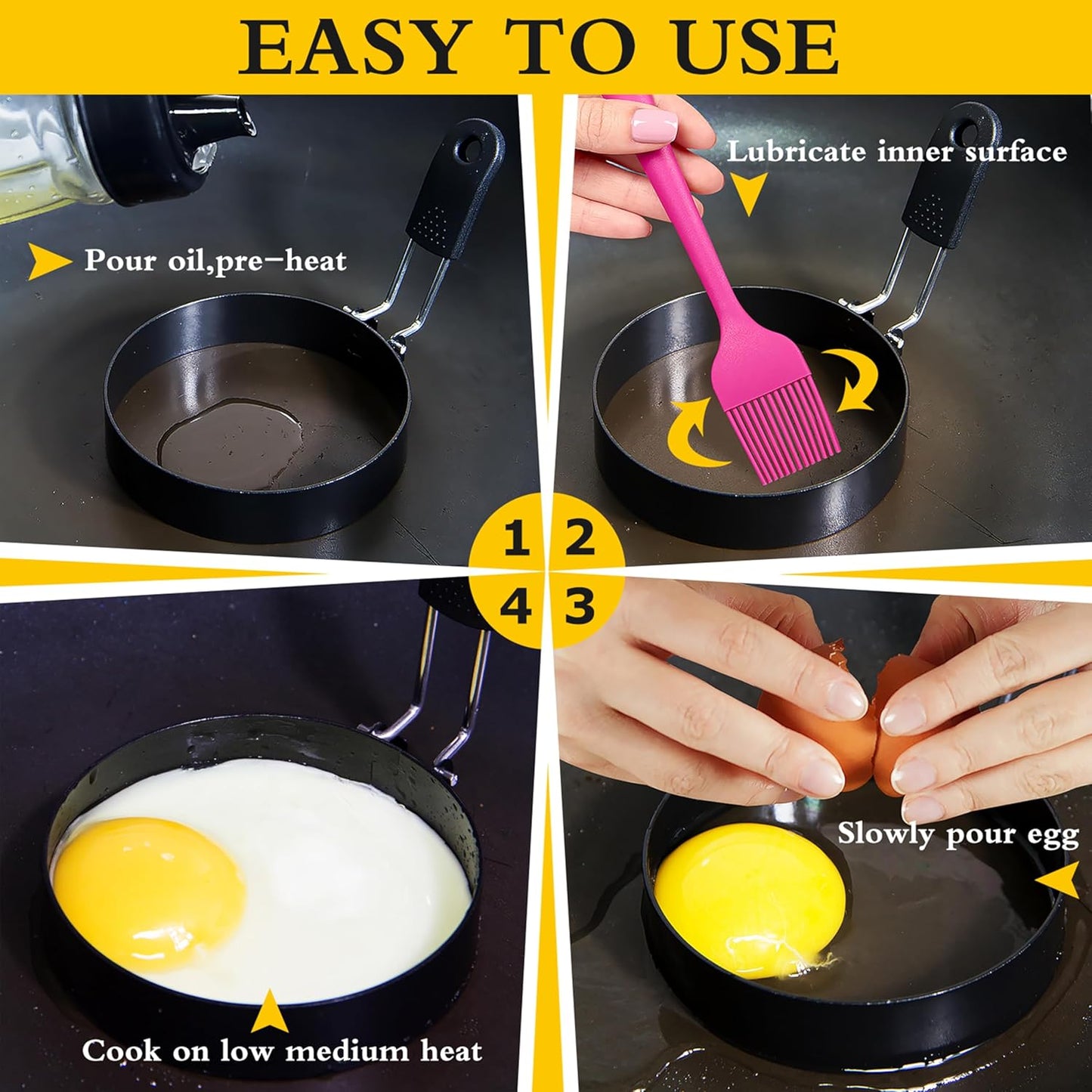 4 packs 3.5'' Egg Rings Set with Silicone Handle, Stainless Steel Egg Cooking Rings,Nonstick,For Frying Eggs and Egg Mcmuffins, Egg Mold For Breakfast