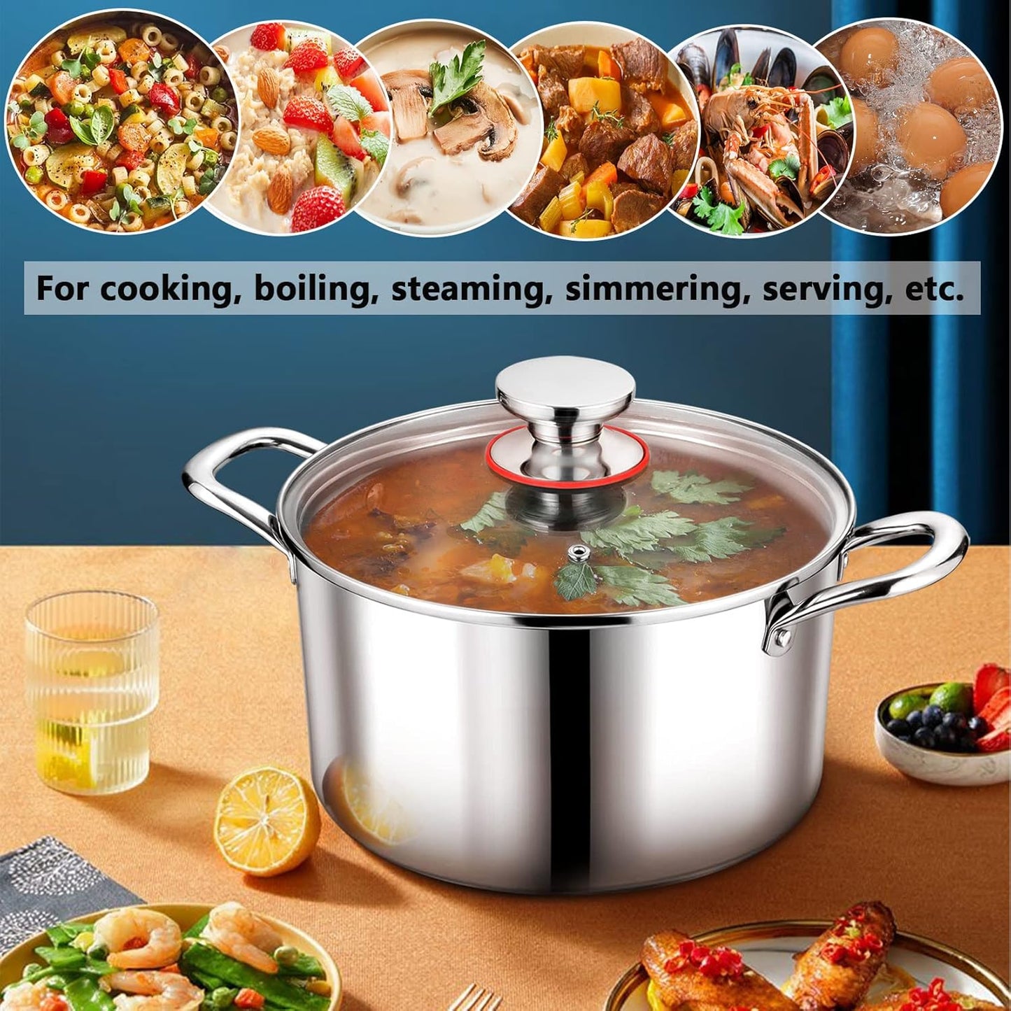 P&P CHEF 8 Quart Tri-Ply Stainless Steel Stock Pot, 8 Qt Stockpot Pasta Cooking Pot with Visible Lid for Soup Vegetable, Induction Cookware for All Stoves, Sturdy & Double Handle, Dishwasher Safe
