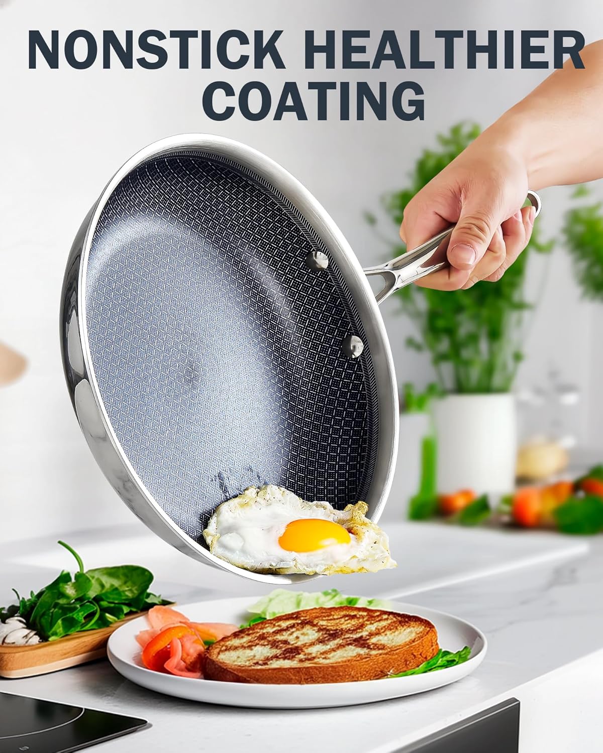 Cooks Standard Hybrid Nonstick Frying Pan, 12-Inch Skillet, Multi-Ply Clad Stainless Steel Fry Pan with Tempered Glass Lids, Oven Safe, Compatible with All Stovetops