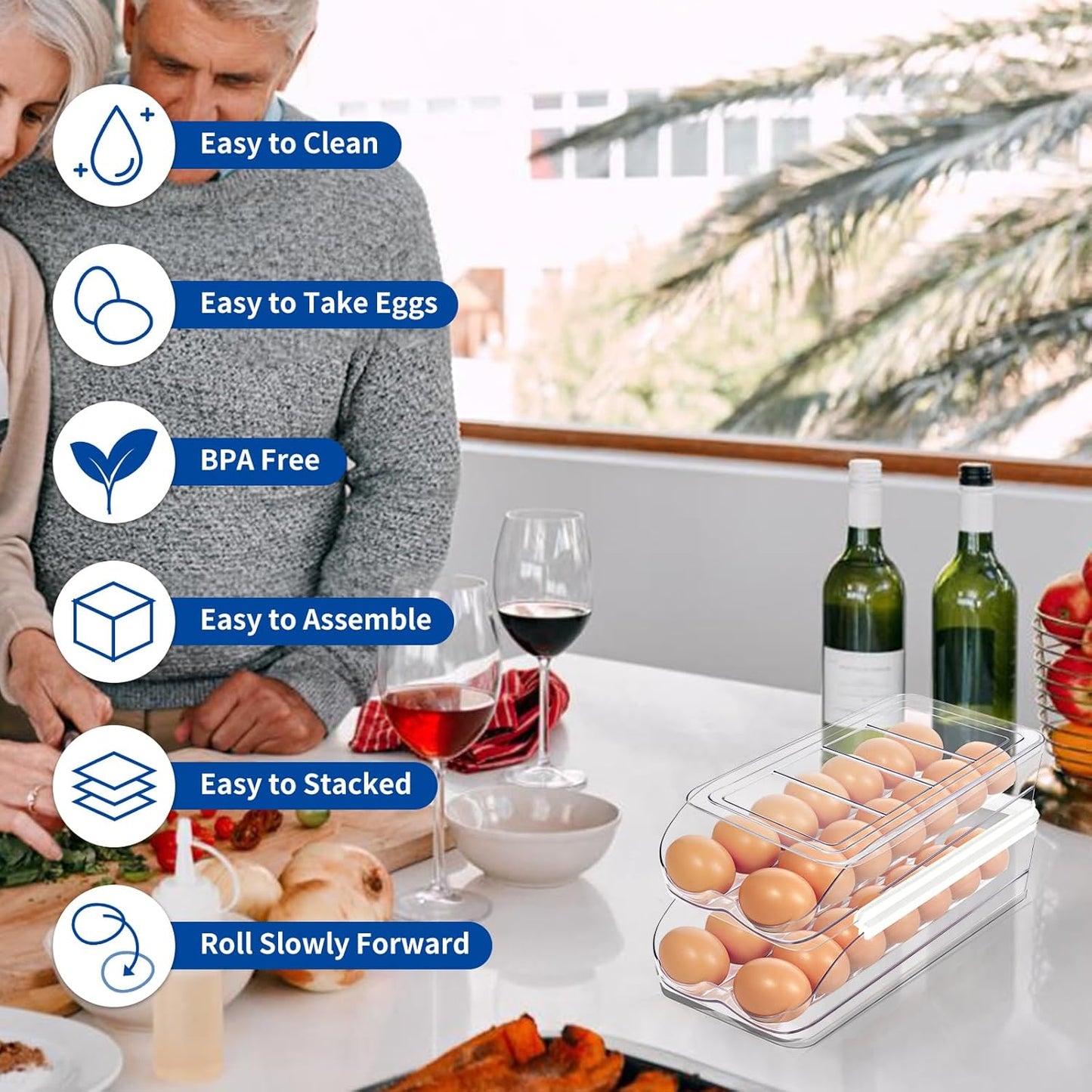 Egg Holder for Fridge, Automatic Rolling Egg Organizer for Refrigerator, Clear Plastic Egg Container & Tray, Stackable Dispenser and Storage with Sturdy Lid to Saving Space -1 Layer