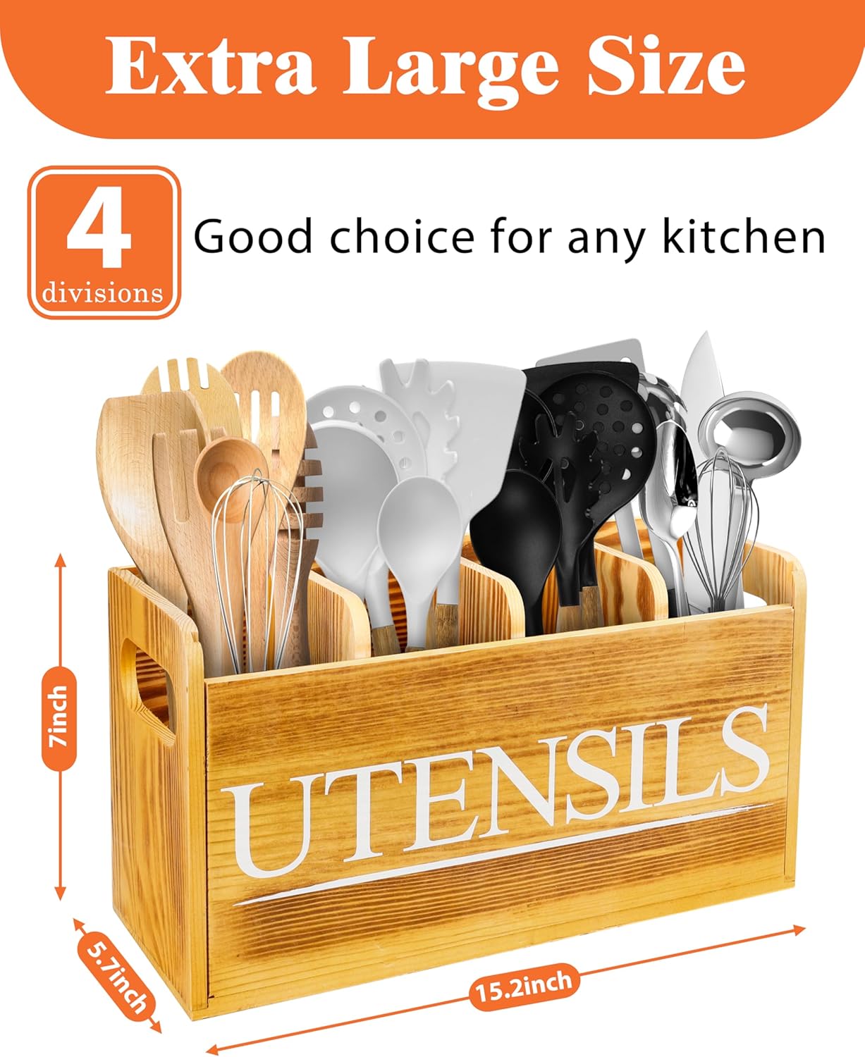Kitchen Utensil Holder for Kitchen Counter Large Wooden Organizer for Cooking Utensils Utensil Holder Counter Farmhouse Décor (Farmhouse Wooden)