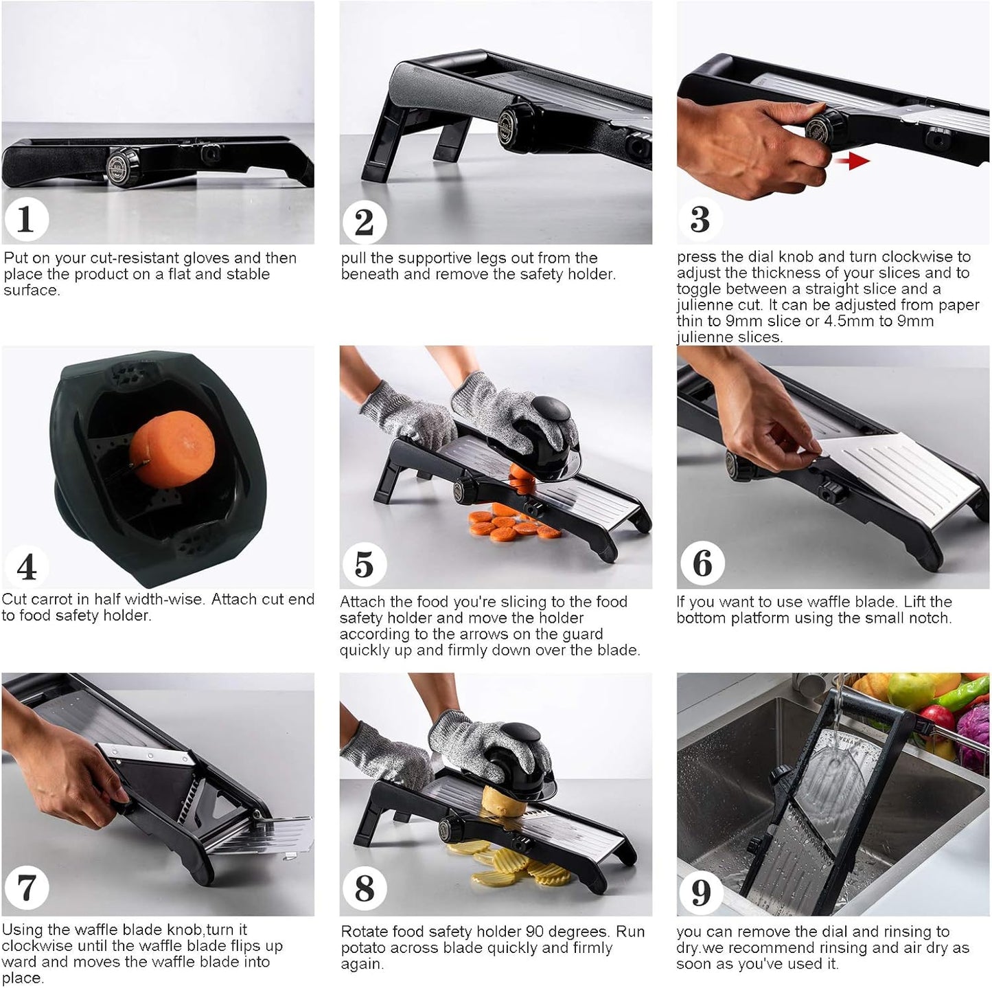 VEKAYA Mandoline Slicer for Kitchen, Stainless Steel Professional Vegetable Slicer with Adjustable Thickness, Ultra Sharp Blades, Safety Gloves & Food Holder, Ideal for Potatoes, Onions, Cucumbers