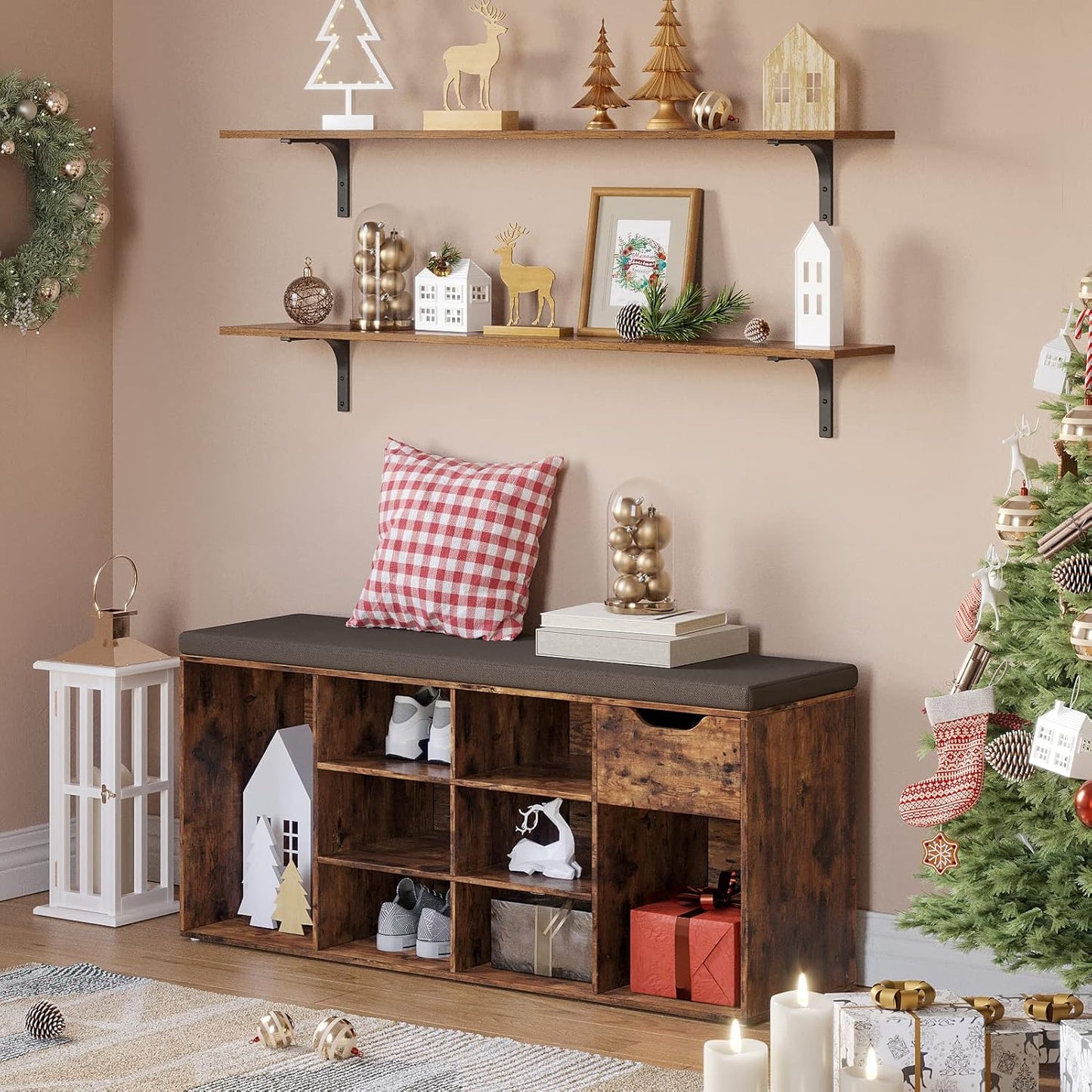 DINZI LVJ Long Wall Shelves, 47.3Inch Wall Mounted Shelves Set of 4, Extra Large Wall Storage Ledges with Sturdy Metal Brackets for Living Room, Bathroom, Bedroom, Kitchen, Rustic Brown