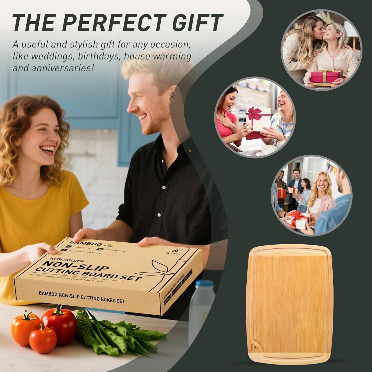 Bamboo Cutting Board Set Non Slip Feet with Holder Over Sink Tablas Para Picar Cocina Tabua Madeira Corte Carne Bambu Alimentos Cortar Madera Juego Regalos Cumpleaños Navidad Mujer Mama Abuela Papa