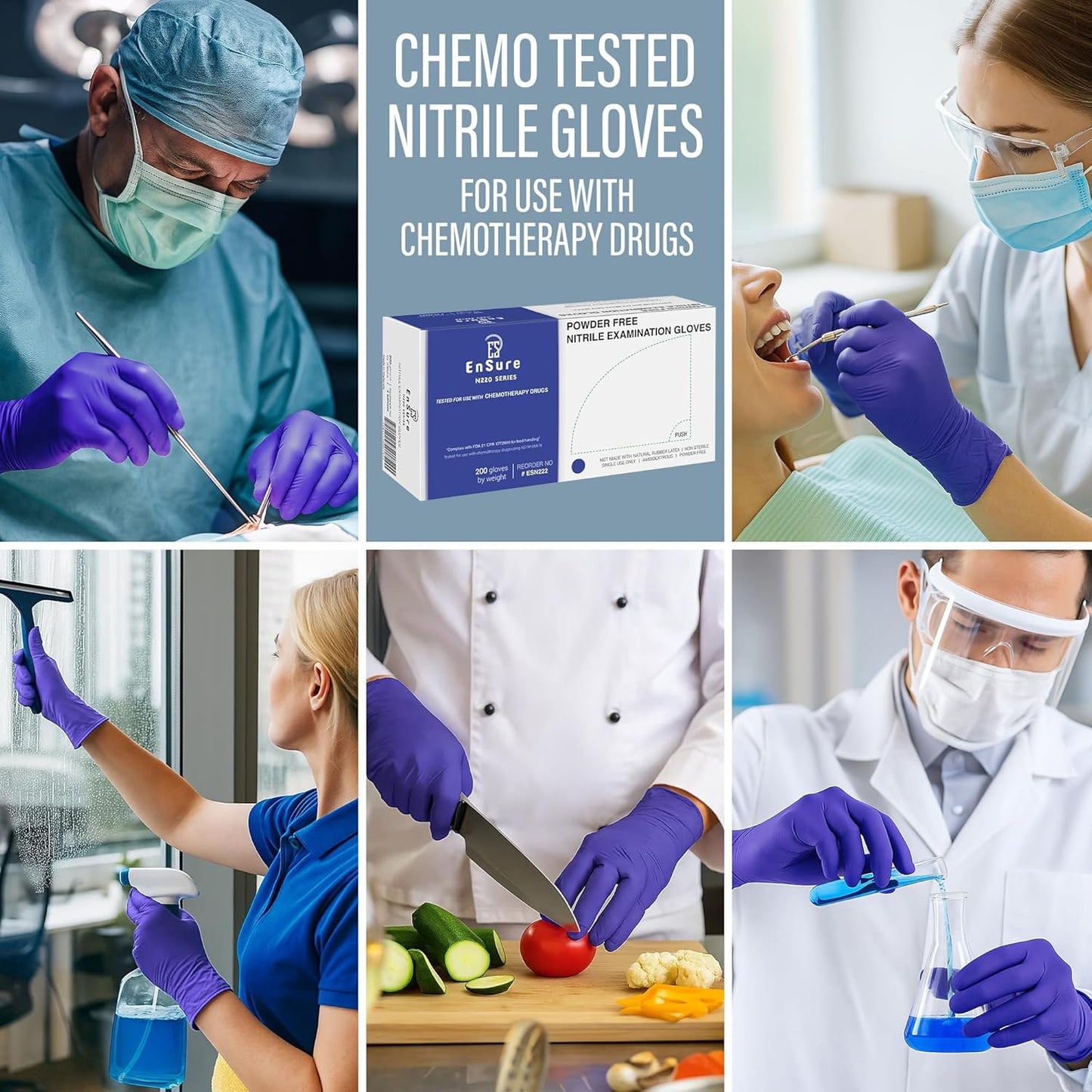 EnSure Nitrile Exam Gloves, Powder-Free, Latex-Free, Chemo Rated, Non-Sterile, Light Duty, Textured Tips, Medical, Surgical, Food Safe, Cleaning, Dental, Lab Use - 3 Mil (Medium, 2000 Count)