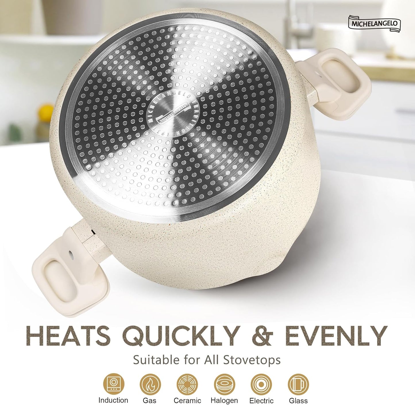 MICHELANGELO Pasta Pot with Strainer Lid - 6 Quart Multipurpose Pot with Twist and Lock Handles, Nonstick Soup Pot with Granite Coating, Induction Compatible, White