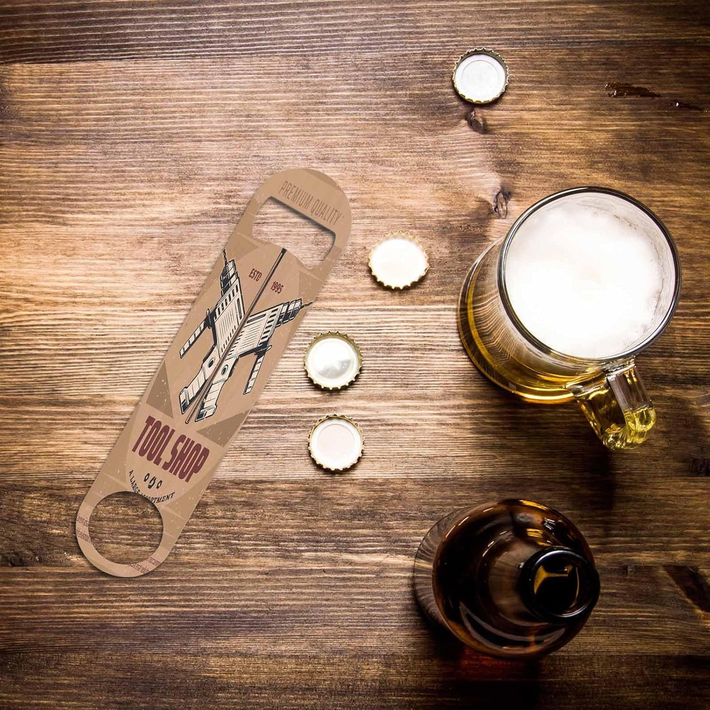 Tool Shop Stainless Steel Bottle Opener Carpentry Electric Drill and Hammer Brown Retro Poster Flat Beer Bottle Opener Keychain for Home Kitchen Bar Restaurant Party Birthday Gift