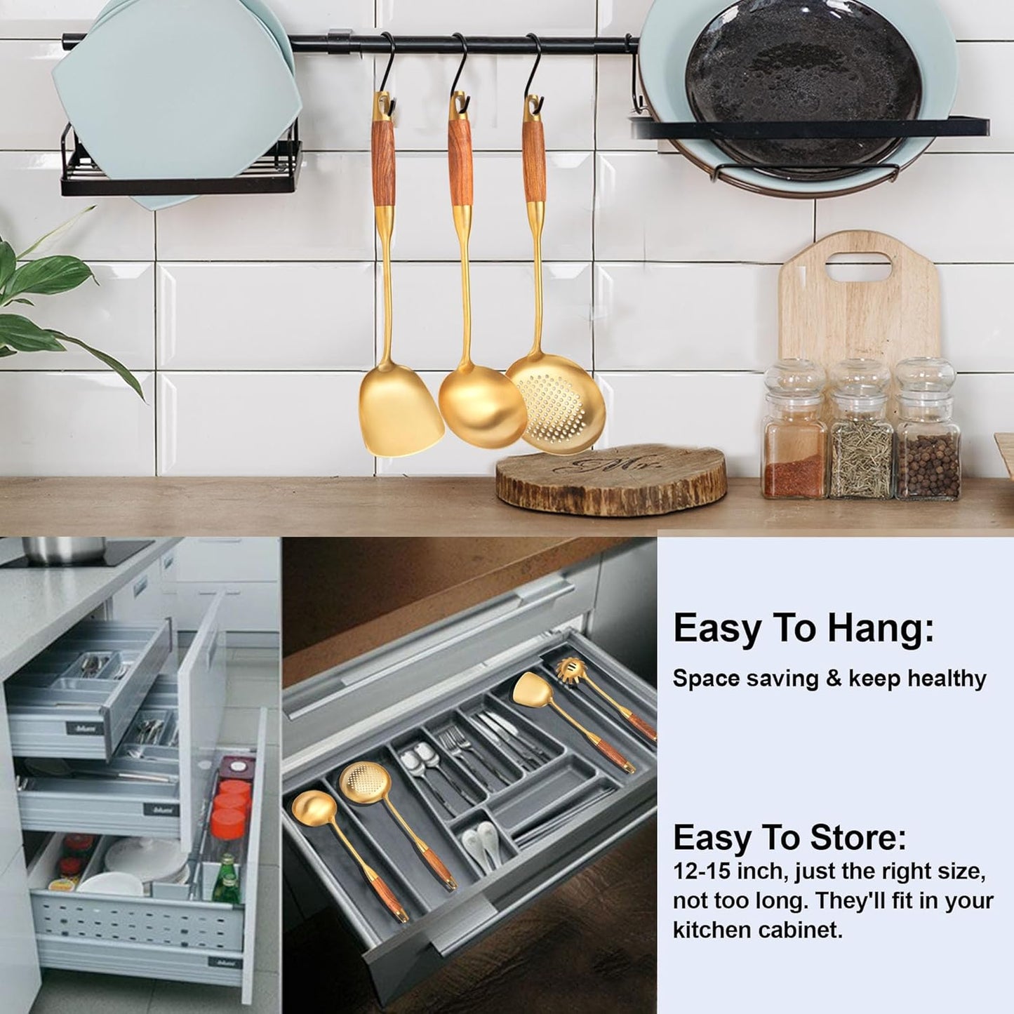 Gold Kitchen Utensils Set, 9 PCS 18/10 Stainless Steel Cooking tools Wood Handle, Solid and Slotted Spoon, Fork, Spatula, Ladle, Skimmer, Slotted Tunner, Spaghetti and Large Spoon