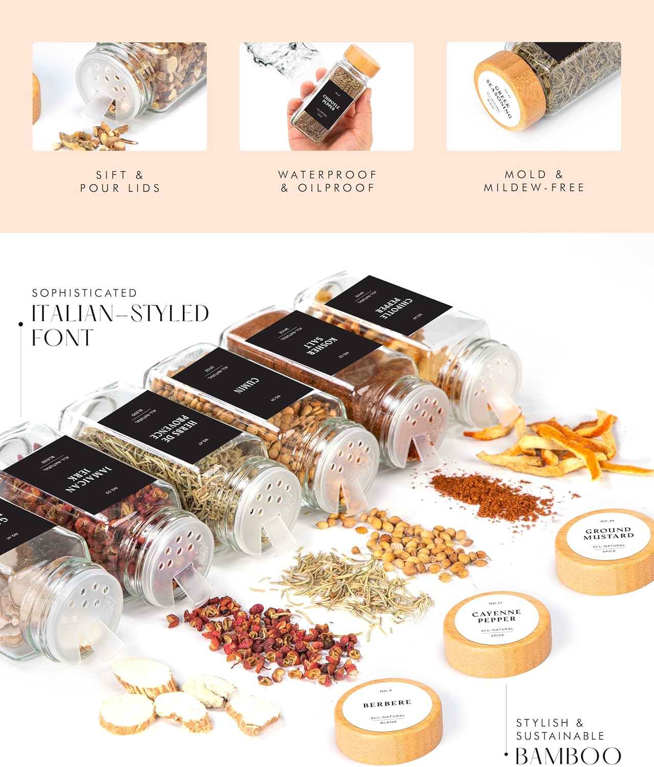 Bamboo Glass Spice Jars with Label and Shaker Lids Clear Empty 4oz 24 Pack Bottles Set, Square Glass Spice Containers with Labels Black, Seasoning Organizer Jars, Seasoning Containers with Labels Set