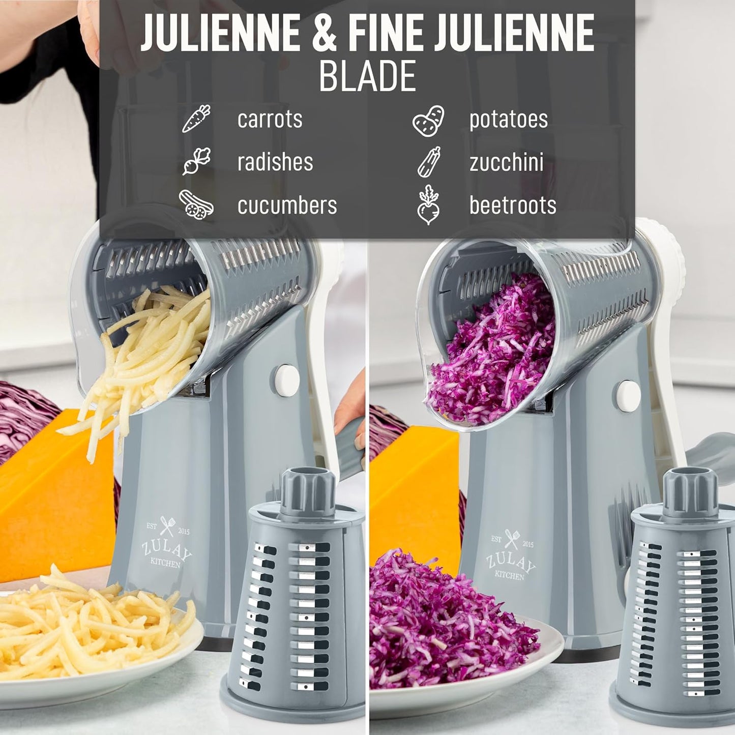 Zulay Kitchen Rotary Cheese Grater 5 Blade Cheese Shredder - Manual Hand Crank Cheese Grater With Reinforced Suction & 5 Interchangeable Drums - Easy to Use, Vegetable Chopper Round Mandoline Slicer