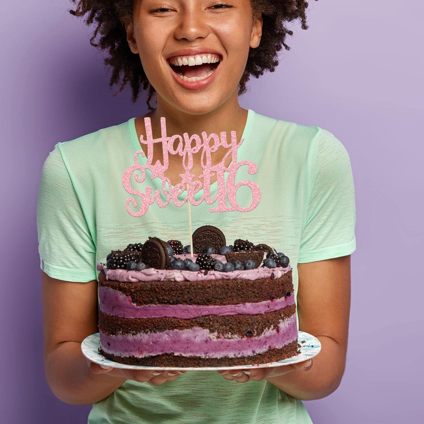 Gyufise 1Pc Pink Glitter Happy Sweet 16 Cake Topper 16th Birthday Cake Topper Sweet 16 Decorations 16th Birthday Decorations