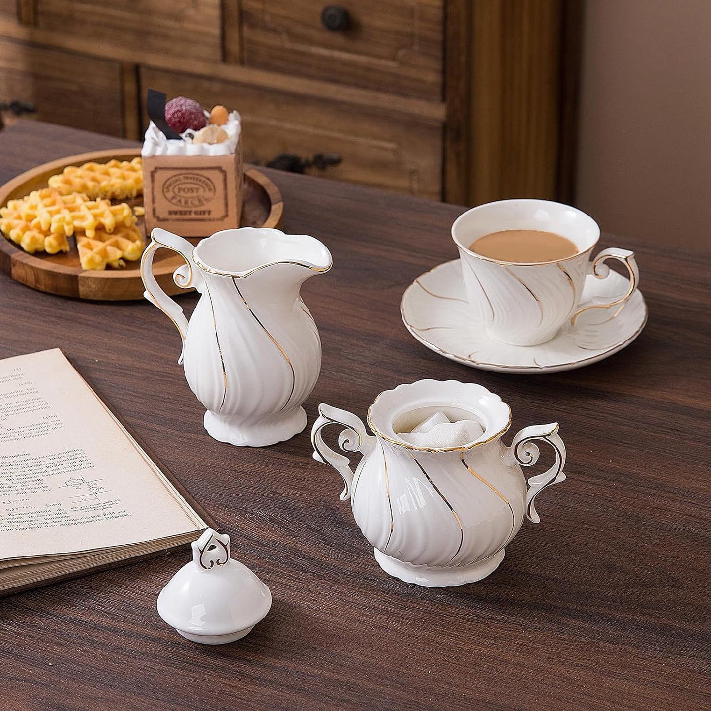 Sugar and Creamer Set Ceramic, Creamer Pitcher and Sugar Bowl with Lid, Creamer Pitcher with Handle,Sugar Cube Dish Coffee or Tea, White with gold thread