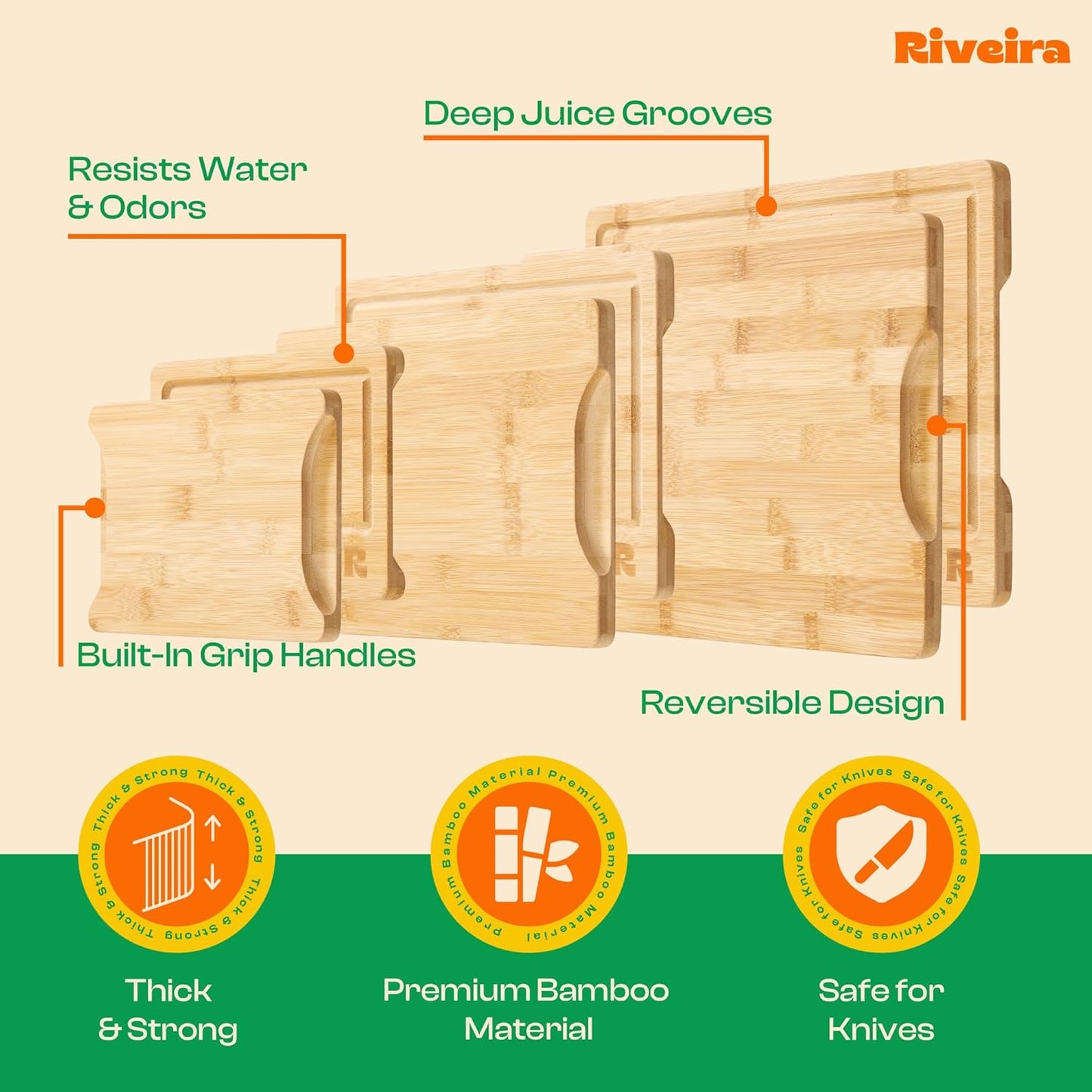 Riveira Bamboo Cutting Boards Versatile and Durable Set: 3 Comfortable Kitchen Boards