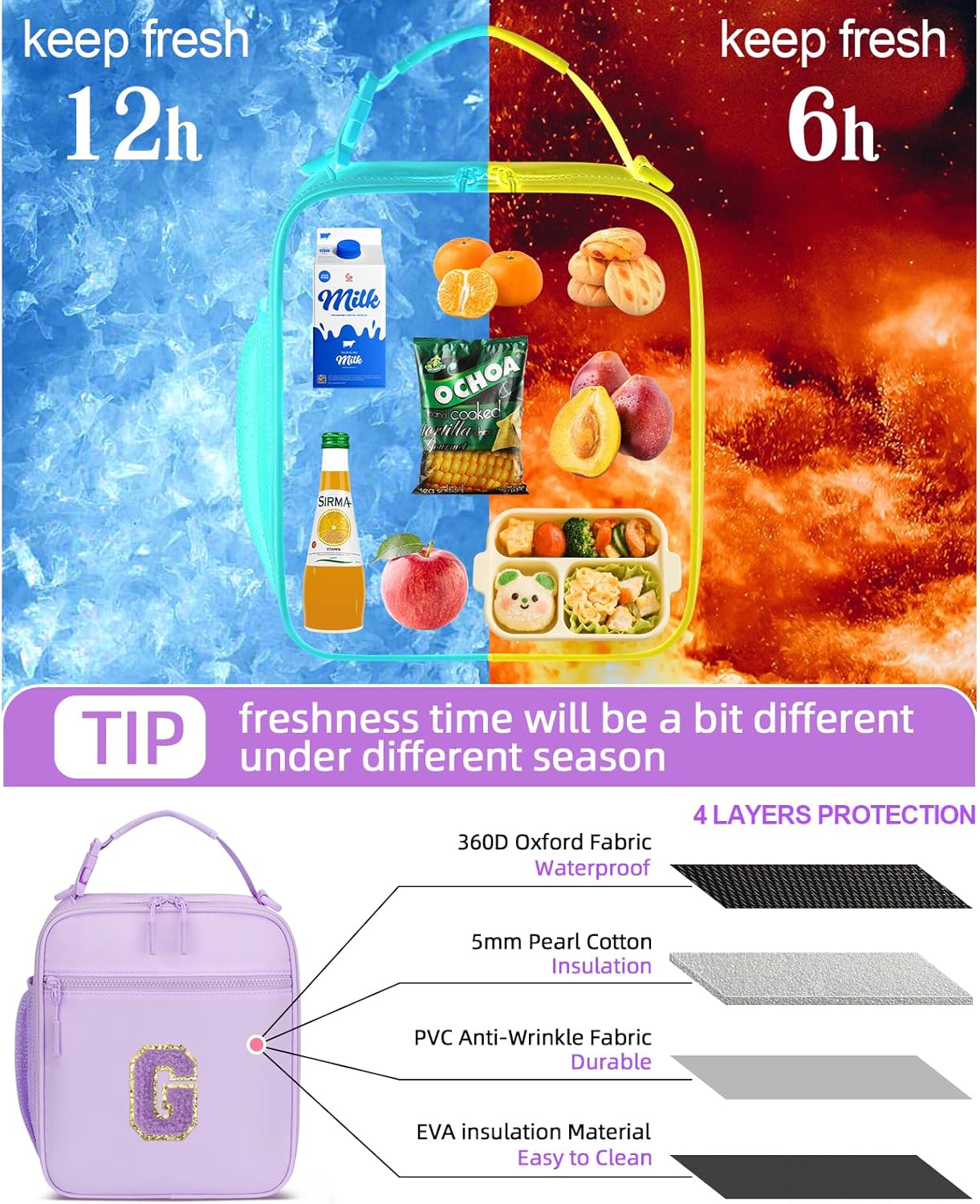 Initial Insulated Lunch Bag for Girls Kids, Back to School Gift, Reusable Leak-proof Lunch Box with Adjustable Strap for School Daycare Travel Picnic (Purple,G)