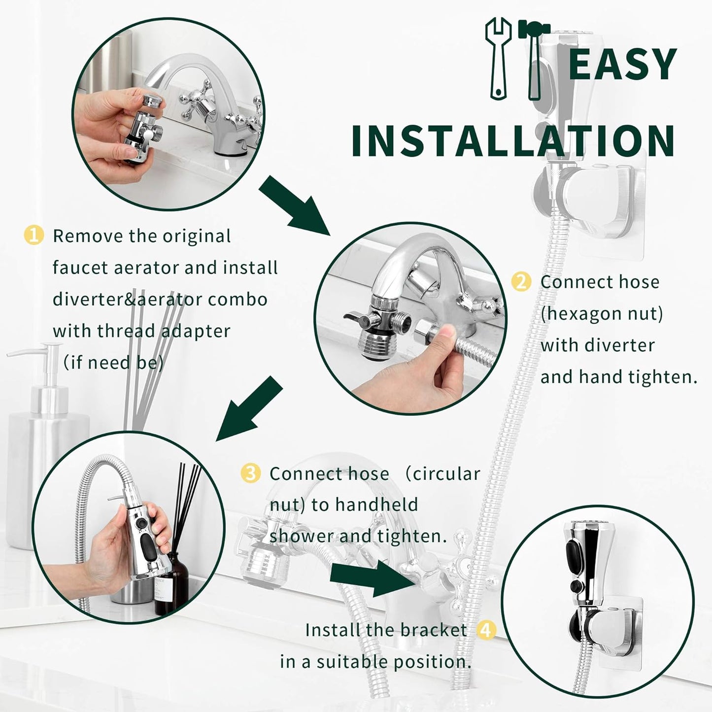 CECEFIN Kitchen Faucet Hose Attachment, Sink Sprayer Replacement Head with 4.9 Ft Stainless Steel Hose, Water Saving Aerator with 3-Way Diverter Valve for Hair Washing Laundry Room and Pet Shower