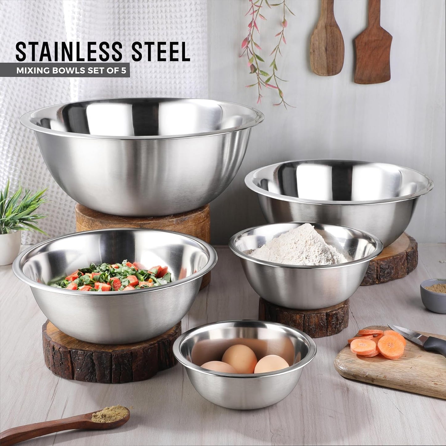 AVADOR Premium Stainless Steel Mixing Bowls, Set of 5 Brushed Stainless Steel Mixing Bowl Set, Easy To Clean, Space Saving, Great for Cooking, Baking, Prepping (5 Pc Mixing Bowl)