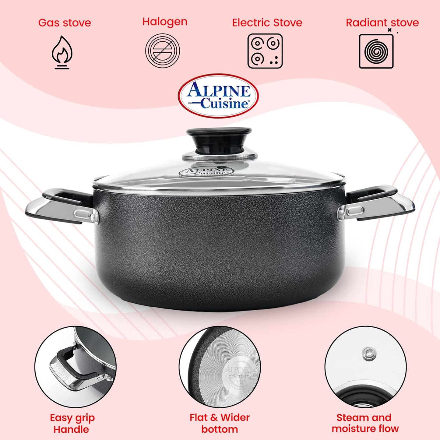 Alpine Cuisine 8.5 Quart Non-stick Stock Pot with Tempered Glass Lid and Carrying Handles, Multi-Purpose Cookware Aluminum Dutch Oven for Braising, Boiling, Stewing