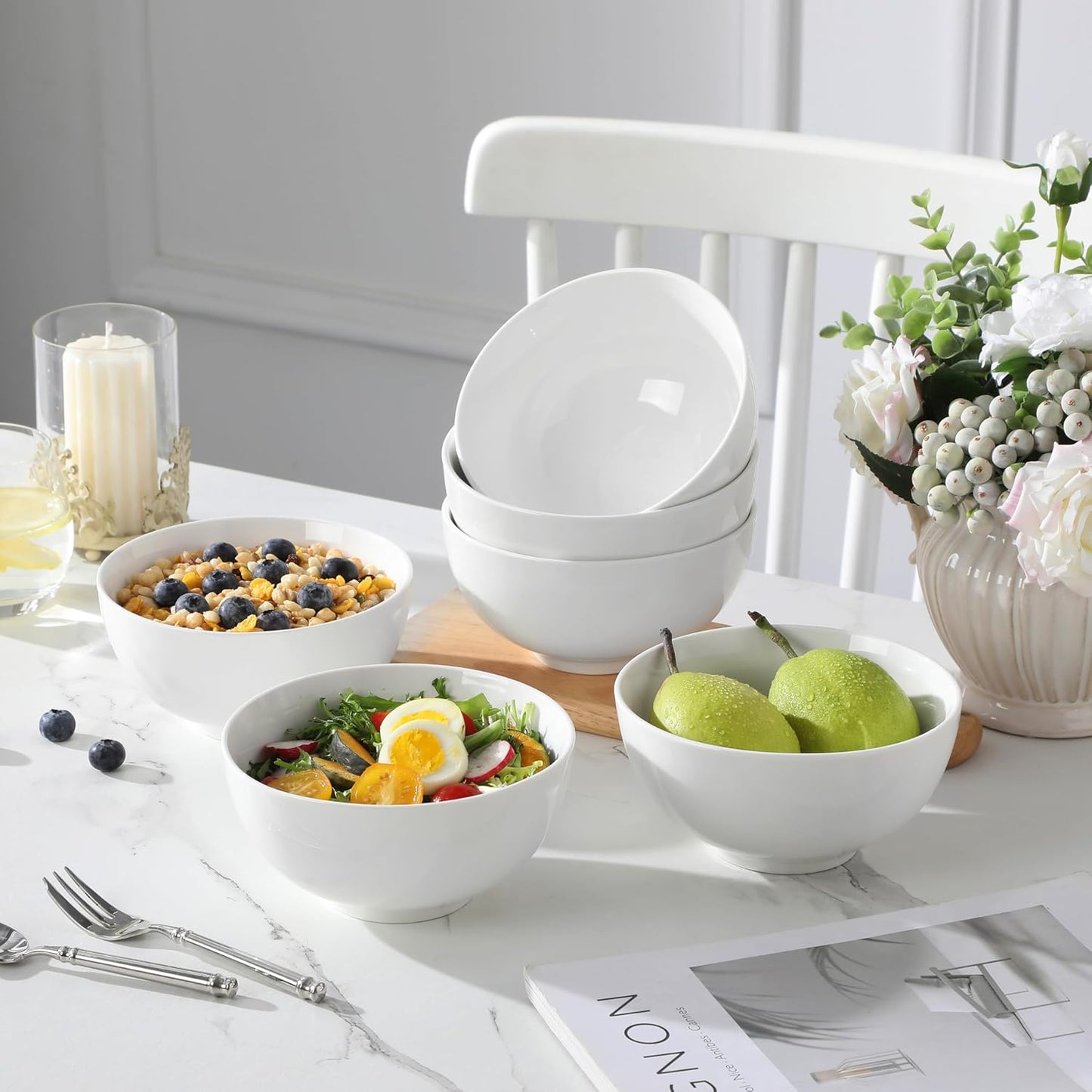 MALACASA 26 oz Porcelain Soup Bowls, White Ceramic Cereal Bowls for Kitchen 6 inch Bowls Set of 6 for Oatmeal Salad Fruit Rice Dishwasher and Microwave Safe, Series Regular