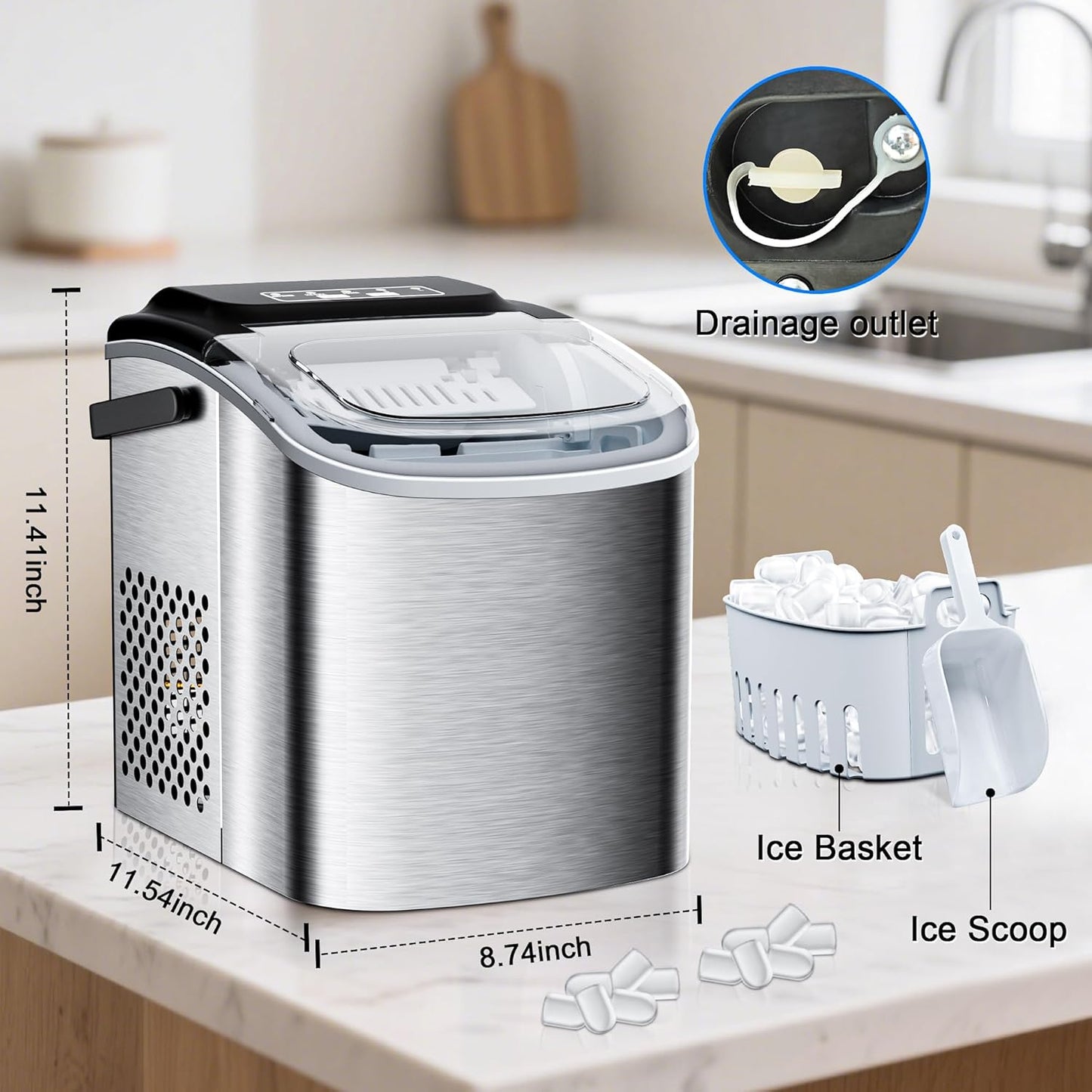 Countertop Ice Maker 26lbs/24H Portable Ice Machine with 2 Sizes of Ice Cubes, 9 Ice Cubes in 8 Mins, Stainless Steel Design Ice Scoop & Basket Included Self-Cleaning for Home, Kitchen, Bar, RV