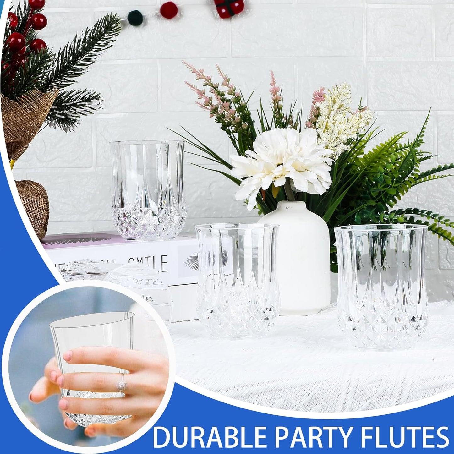 12 PCS Transparent Stemless Wine Glasses,Plastic Reusable Cups 9OZ Vintage Drinking Glasses Tumblers for Whisky, Beer, Juice, Beverages, Cocktai