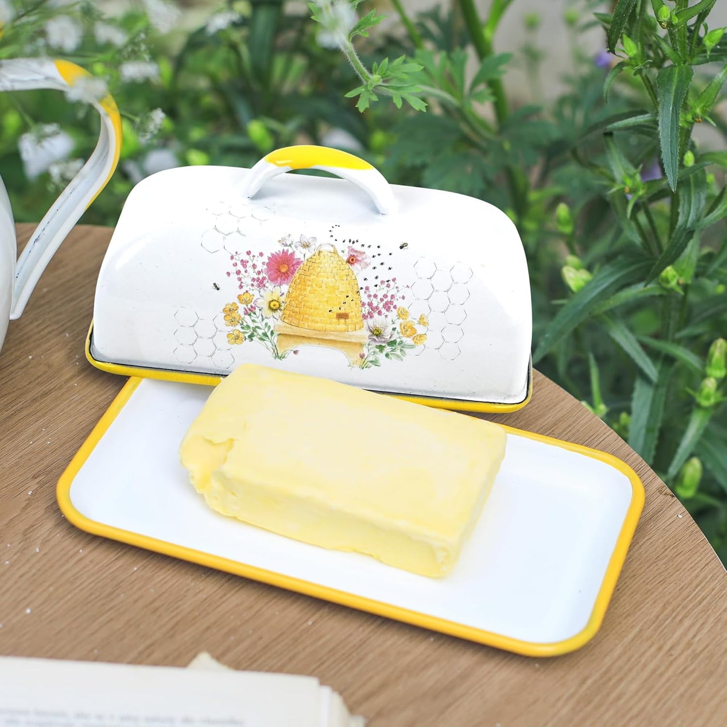 Enamel Butter Dish with Lid Vintage Enamelware Butter Keeper with Flower and Bird Patterns Farmhouse Butter Container Butter holder for Countertop Kitchen Decor(Orange)