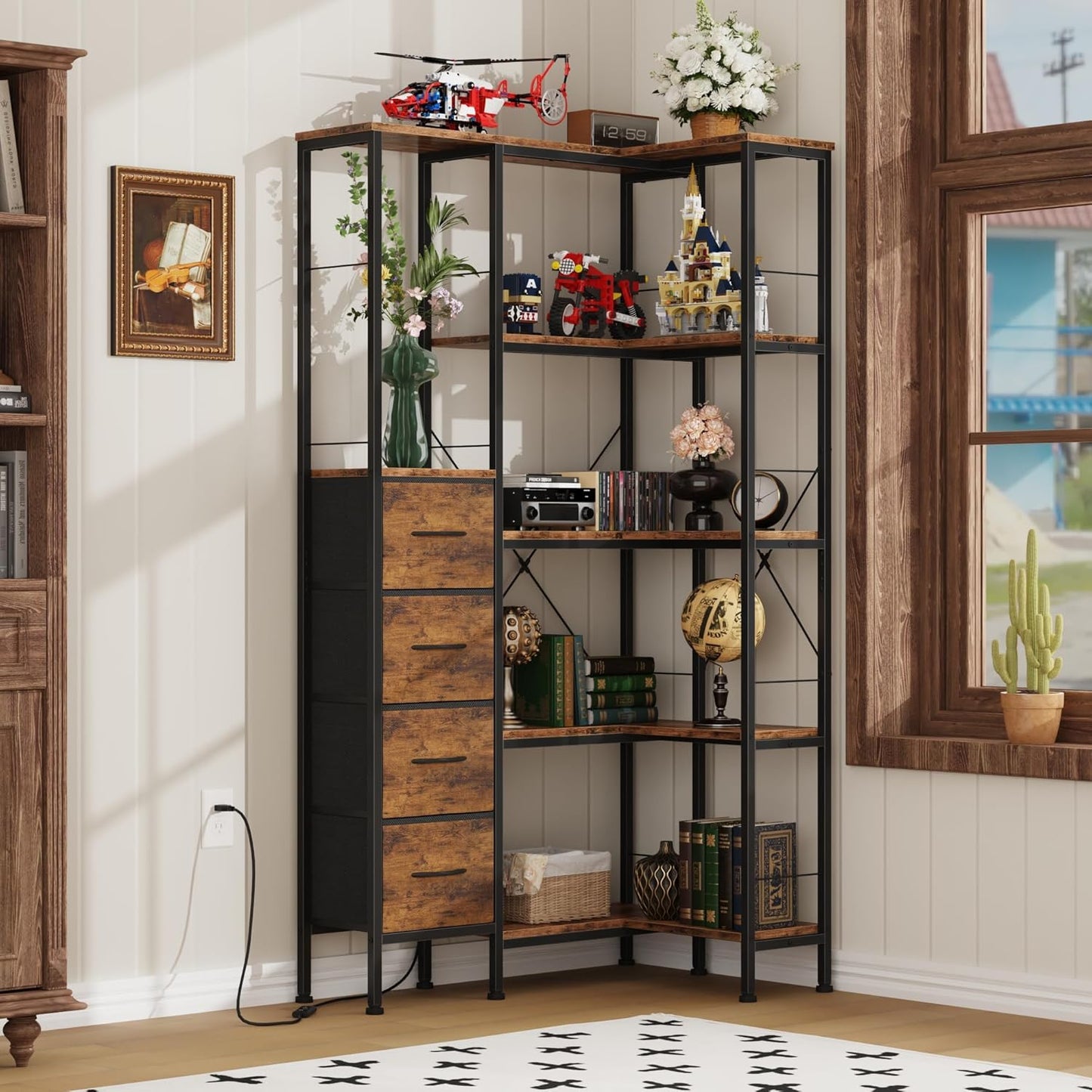 Corner Bookshelf with LED Light Strips & 4 Fabric Drawers, 5-Tier Convertible Corner Shelf with Display Shelf, Large Wood Industrial Bookcase for Living Room, Bedroom, Home Office, Rustic Brown