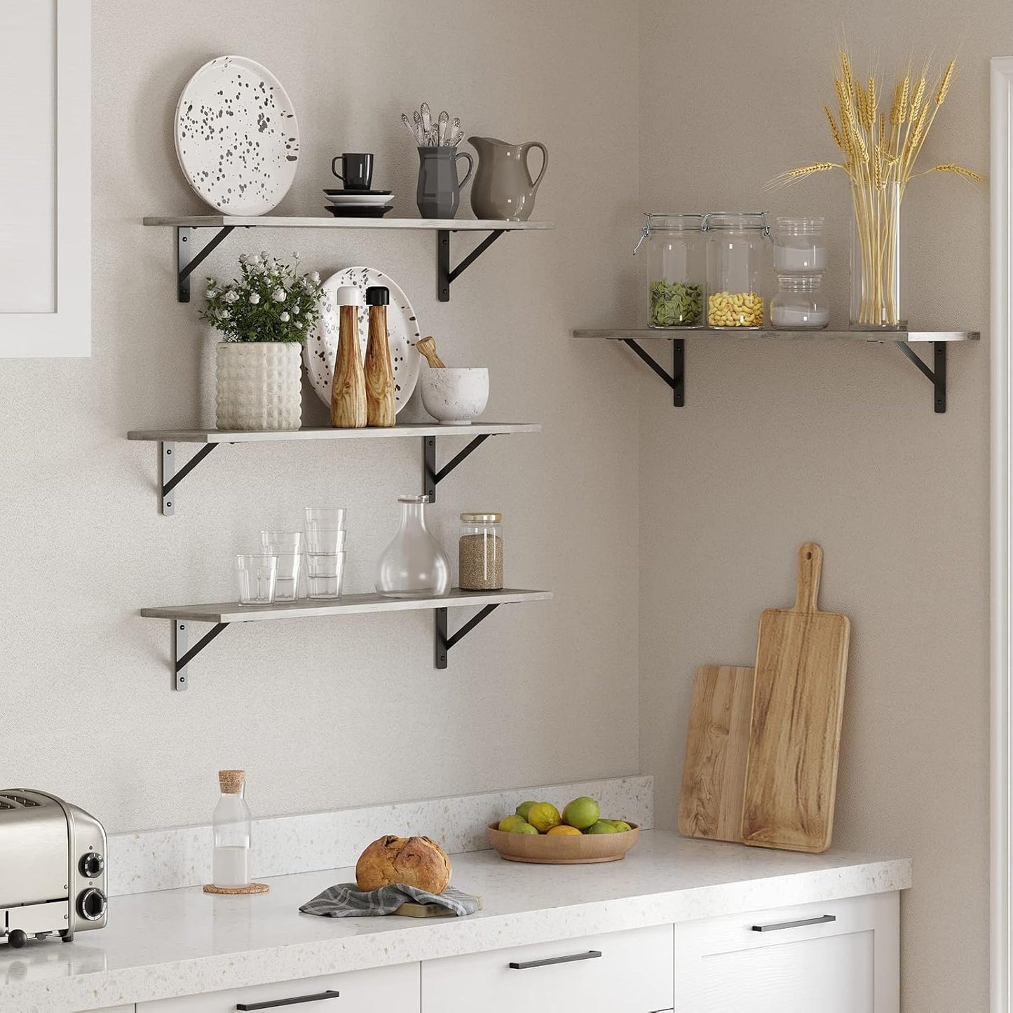 DINZI LVJ Wall Shelves, 23.6 x 7.9 x 6.1 Inch Floating Shelves for Wall, Set of 2, Easy-to-Install Wall Storage Ledges with Sturdy Metal Brackets for Living Room, Bathroom, Kitchen, Gray Wash