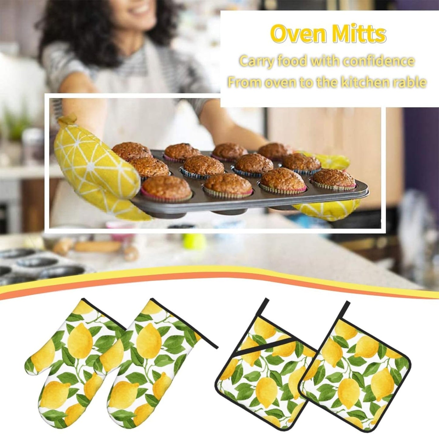 Bright Yellow Lemons Oven Mitts and Pot Holders Sets of 4,Resistant Hot Pads with Polyester Non-Slip BBQ Gloves for Kitchen,Cooking,Baking,Grilling