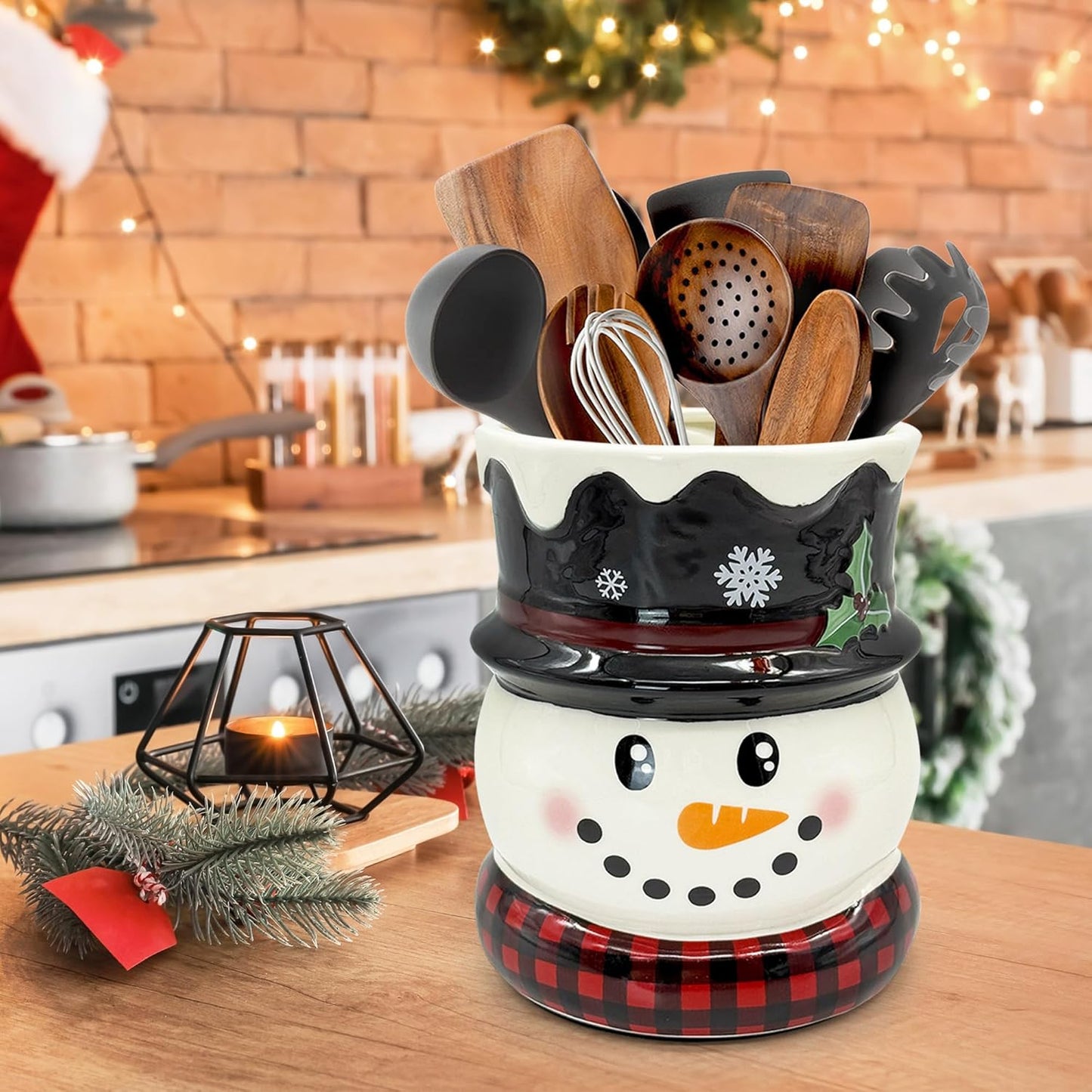 pinata Christmas Kitchen Decor Ceramic Snowman Utensil Holder, Cute Christmas Utensils Holder, Xmas Ceramic Utensils Crock for Rustic Farmhouse Indoor Kitchen Decorations(6.3 Inches)