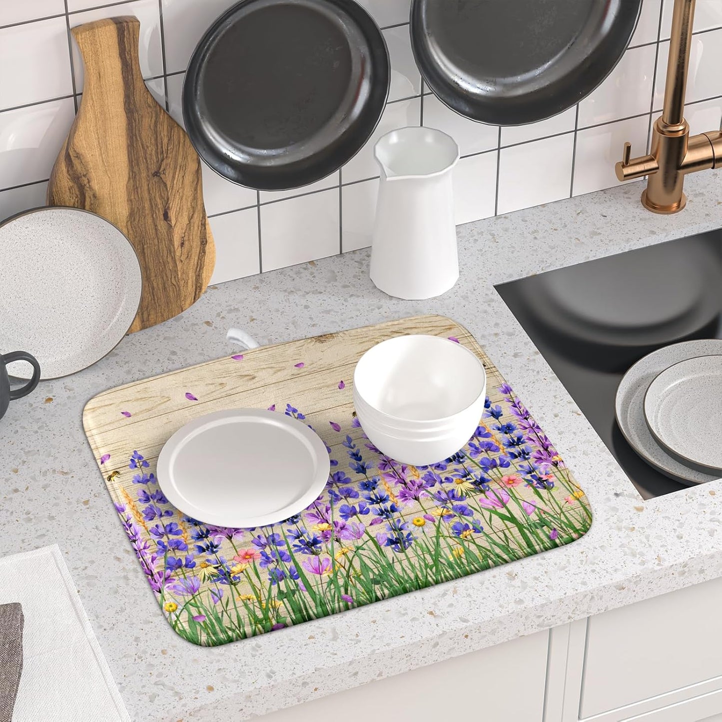 Lavender Floral Dish Drying Mat 16x18 inch Spring Summer Flower Decorative Fast Dry Dishes Drainer Mats Reversible Washable Dish Rack Pad