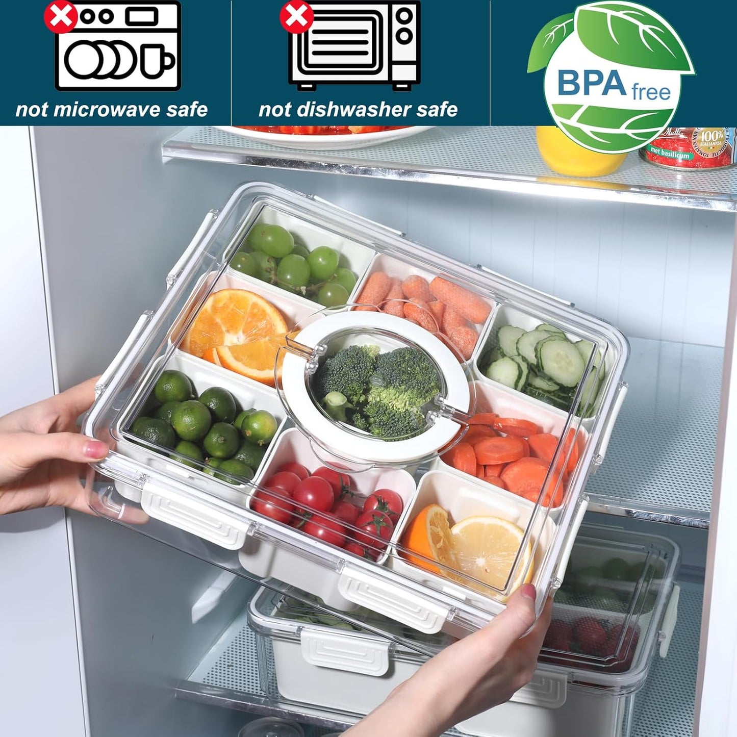 Taiuloo Divided Serving Tray with Lid & Handle, Airtight 9 Compartment Snackle Box Charcuterie Container, Fridge Organizer Bins, Food Storage Container Veggie Tray for Snack, Fruit, Candy, Nuts