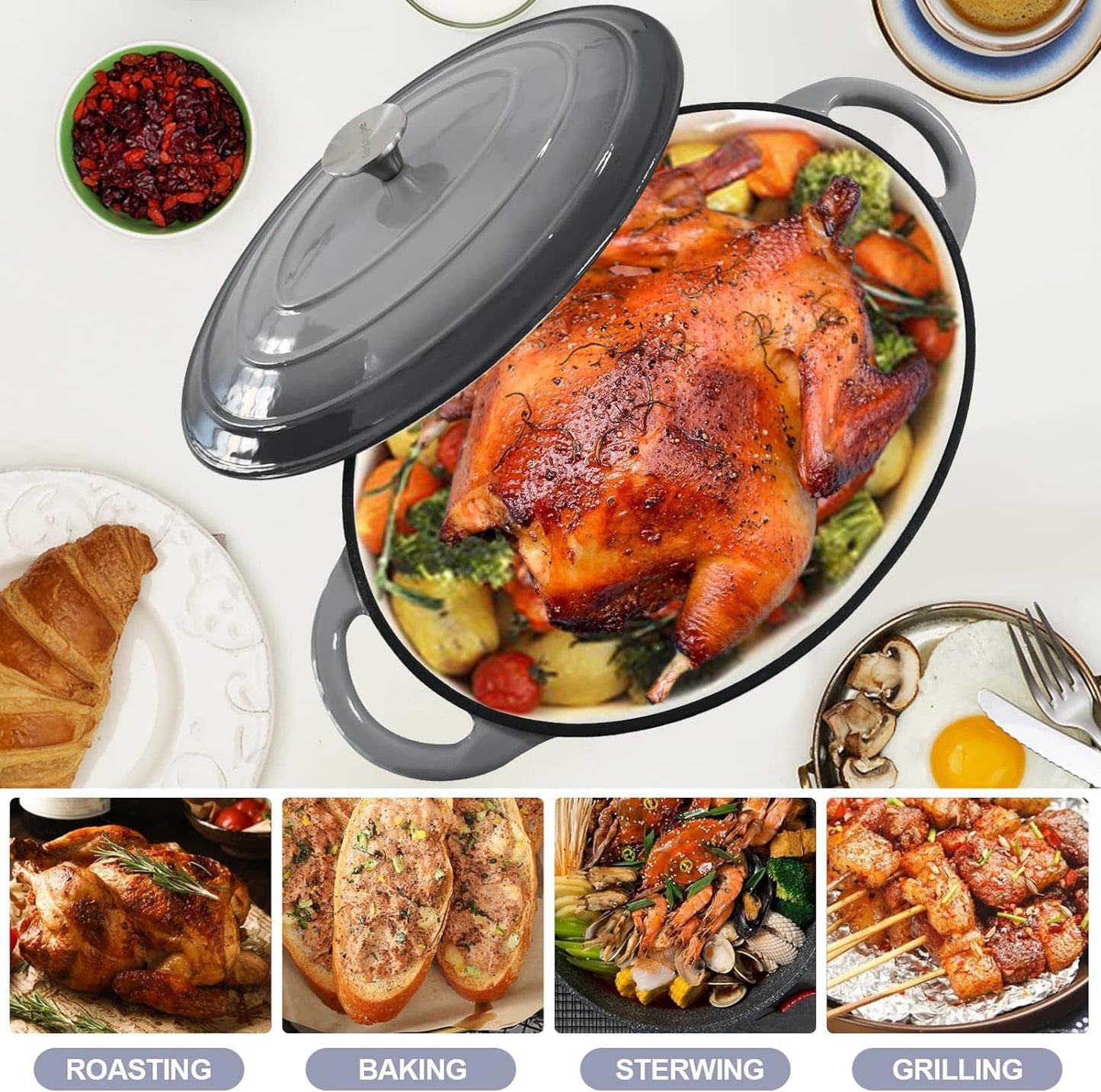 Enameled Cast Iron Oval Dutch Oven, 7 qt Oval Dutch Oven Pot with Lid and Dual Handles for Braising, for Braising, Broiling, Bread Baking, Frying, Gray