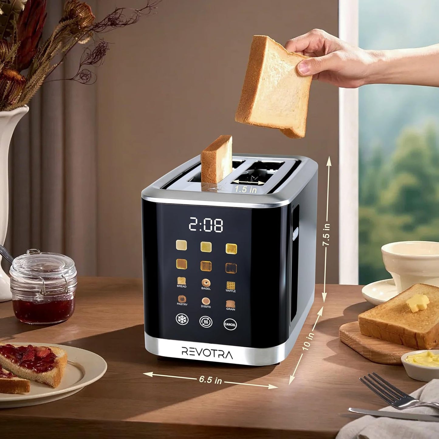 2 Slice Toaster Stainless Steel with LED Display, Extra Wide Slots, 6 Shade Settings, Defrost/Reheat/Cancel, Removable Crumb Tray โ Compact Toaster for Bagels & Waffles
