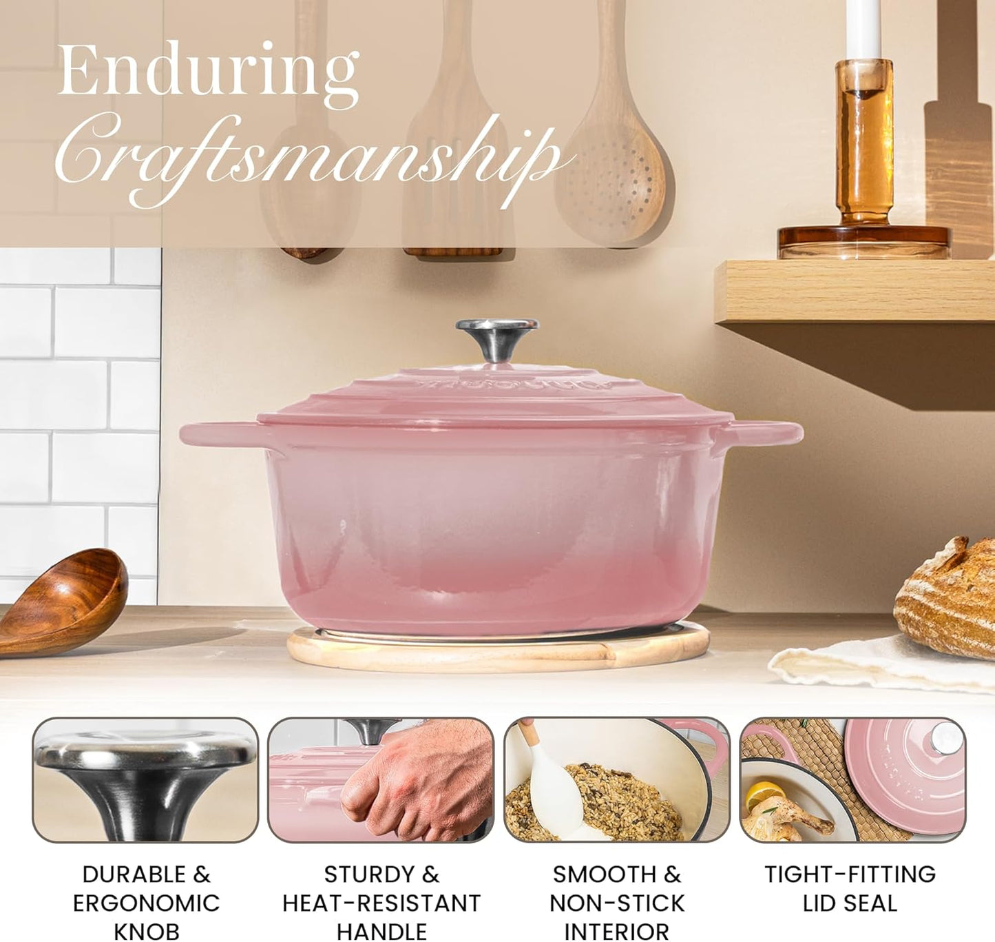 Nuovva Enamelled Cast Iron Dutch Oven Pot with Lid 6.4 Quart Non Stick Casserole Pot – Heavy Duty & Oven Safe up to 500° F for Bread Baking, Braising, Stews, Roasting – 28cm Pink