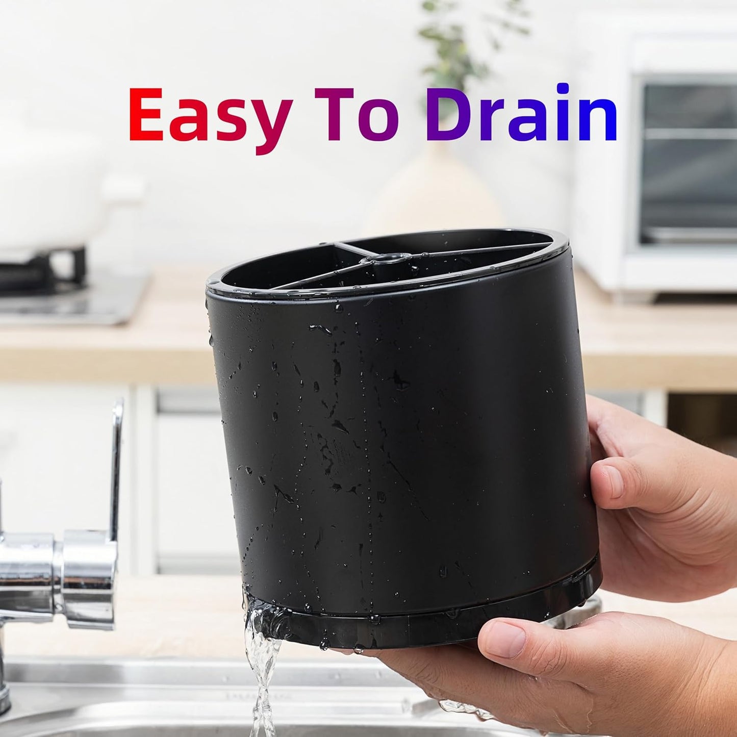 Kitchen Utensil Holder Silverware Organizer 360°Rotating For Counter Organizer Stainless Steel Storage Silverware Caddy 3 Compartment Flatware Spoon Spatula Tool Cutlery Container(Black)