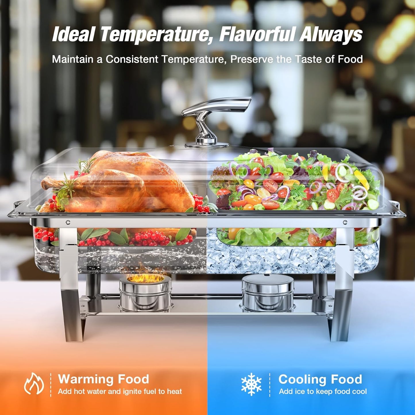 Chafing Dishes for Buffet with Glass Lid (9QT, 2Pack) - Food-Grade Stainless Steel, Rolled Edge Design, Foldable Frame, Lid Holder, Buffet Servers and Warmers Parties, Catering, Weddings