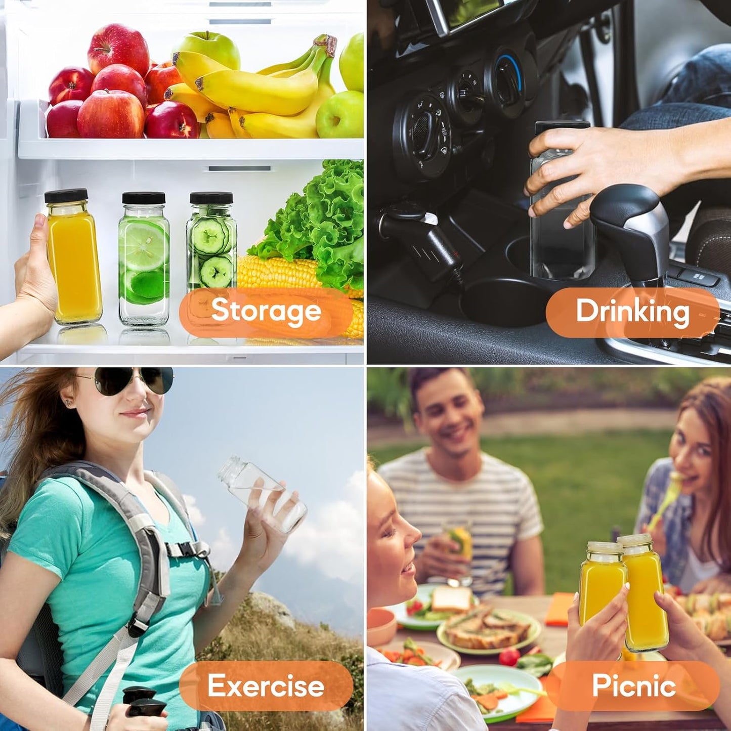 STARSIDE 8 oz 3 Pack Glass Juice Bottles with Lids - Square Reusable Drinking Jars for Juicing, Milk, Kombucha - Includes 1 Bottle Brush, 6 Colored Labels