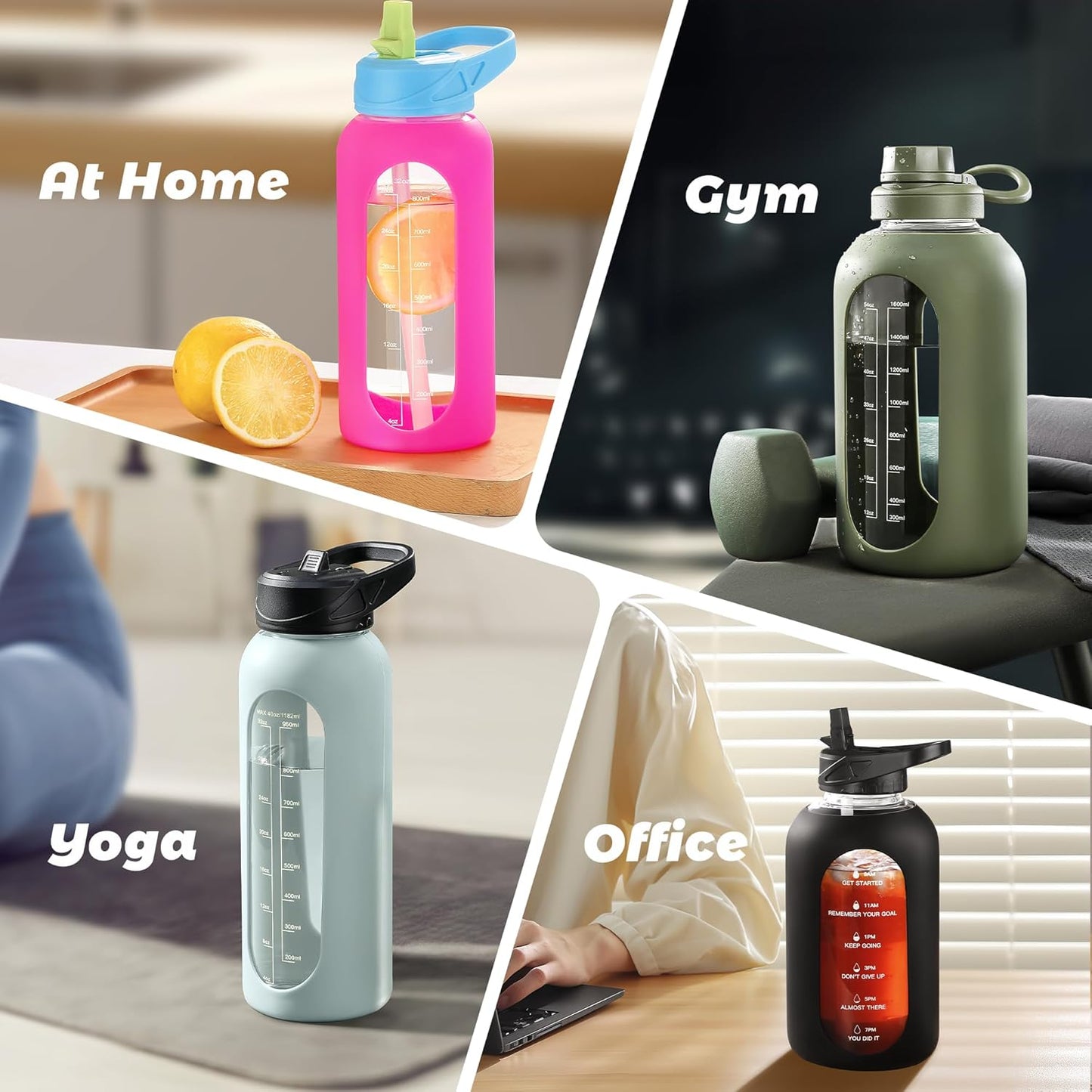 CIVAGO 64 oz Glass Water Bottle Jug with Straw and Handle, Half Gallon Sports Motivational Water Bottle with Time Marker, Wide Mouth Water Flask Canteen with Silicone Sleeve for Gym,Smog Blue