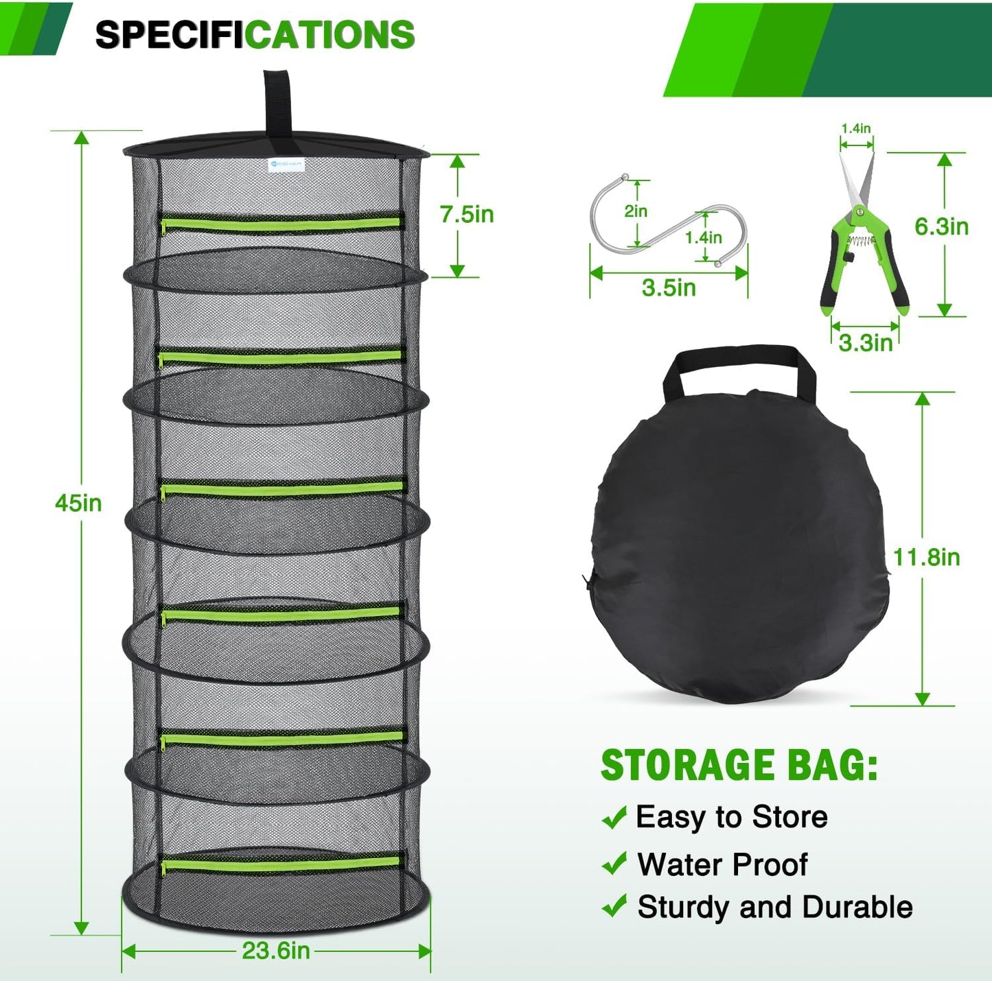 Yesker 6 Layer Herb Drying Rack Hanging Mesh Net Foldable Plant Drying Racks 24" w Green Zipper Pruning Shears Hook Dryer Hanging Rack for Herbs Seed Bud Fruit Clothes Grow Tent Closets Garden Outdoor