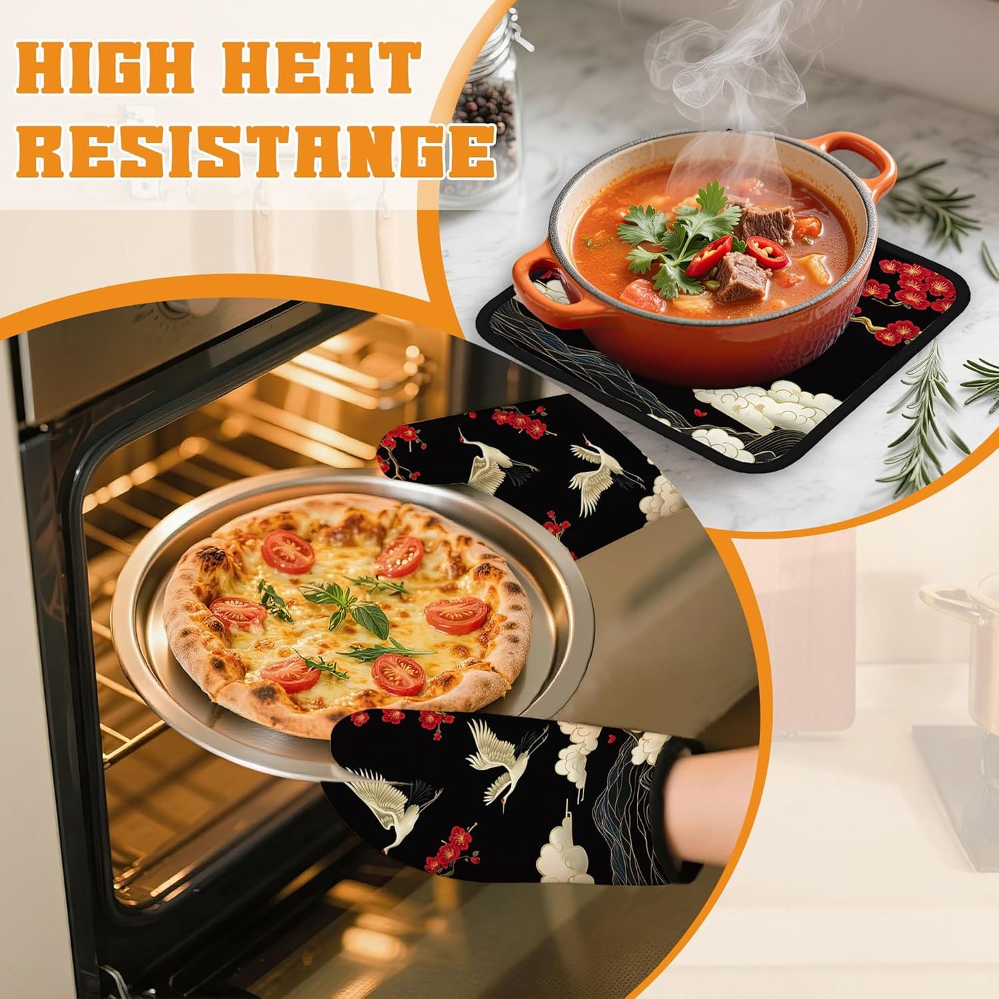 Japanese Crane Oven Mitts and Pot Holders Set,Cherry Blossom Kitchen Decor Heat Resistant Non Slip Hot Pads and Oven Mitt for Chef Cooking Baking BBQ Mom Girl Gifts(4 Piece Set)