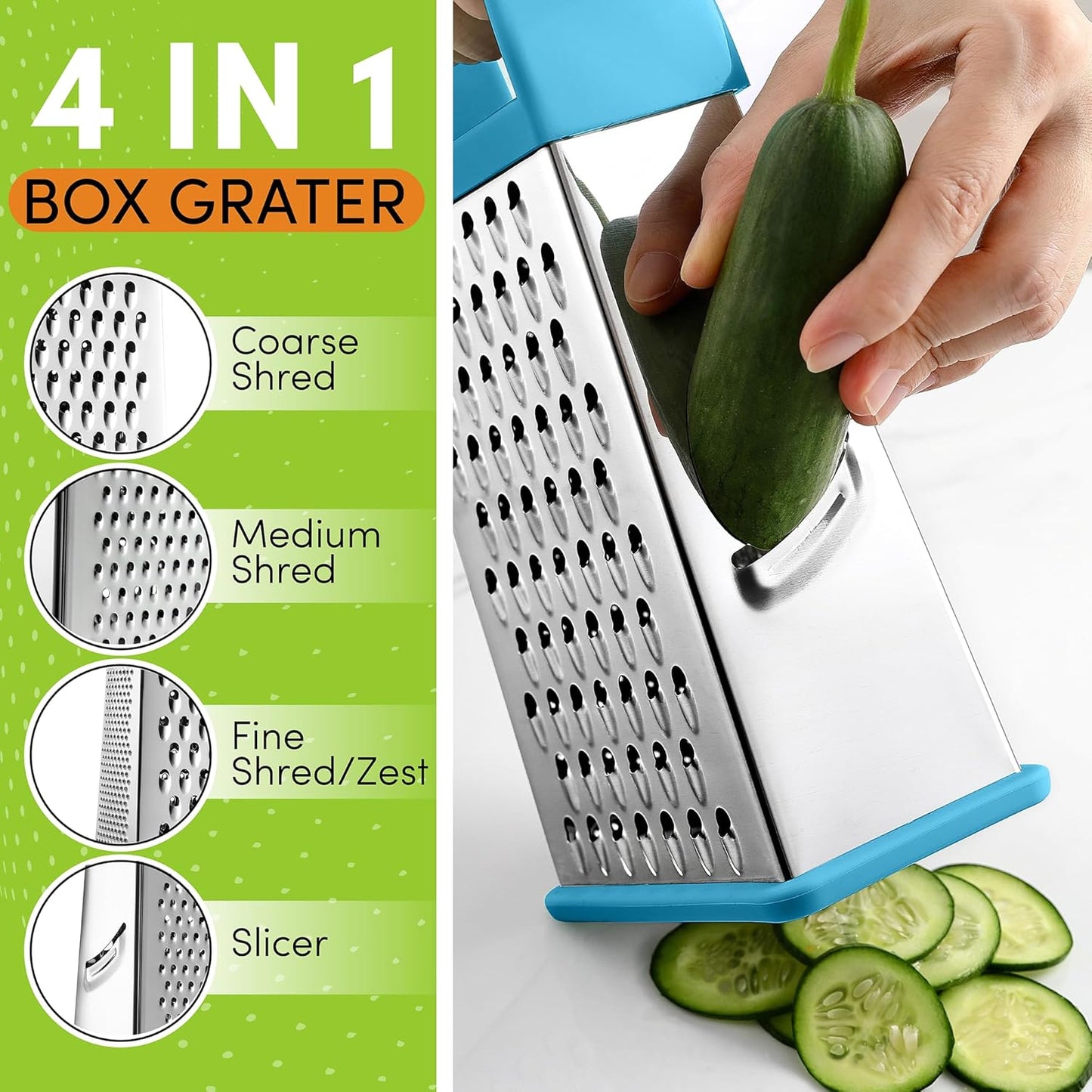 Spring Chef Professional 10" Stainless Steel Parmesan Cheese Grater with Handle, 4 Sided Handheld Box Grater, Kitchen Food Shredder for Potato, Cheese, Ginger, Veggie - Aqua Sky